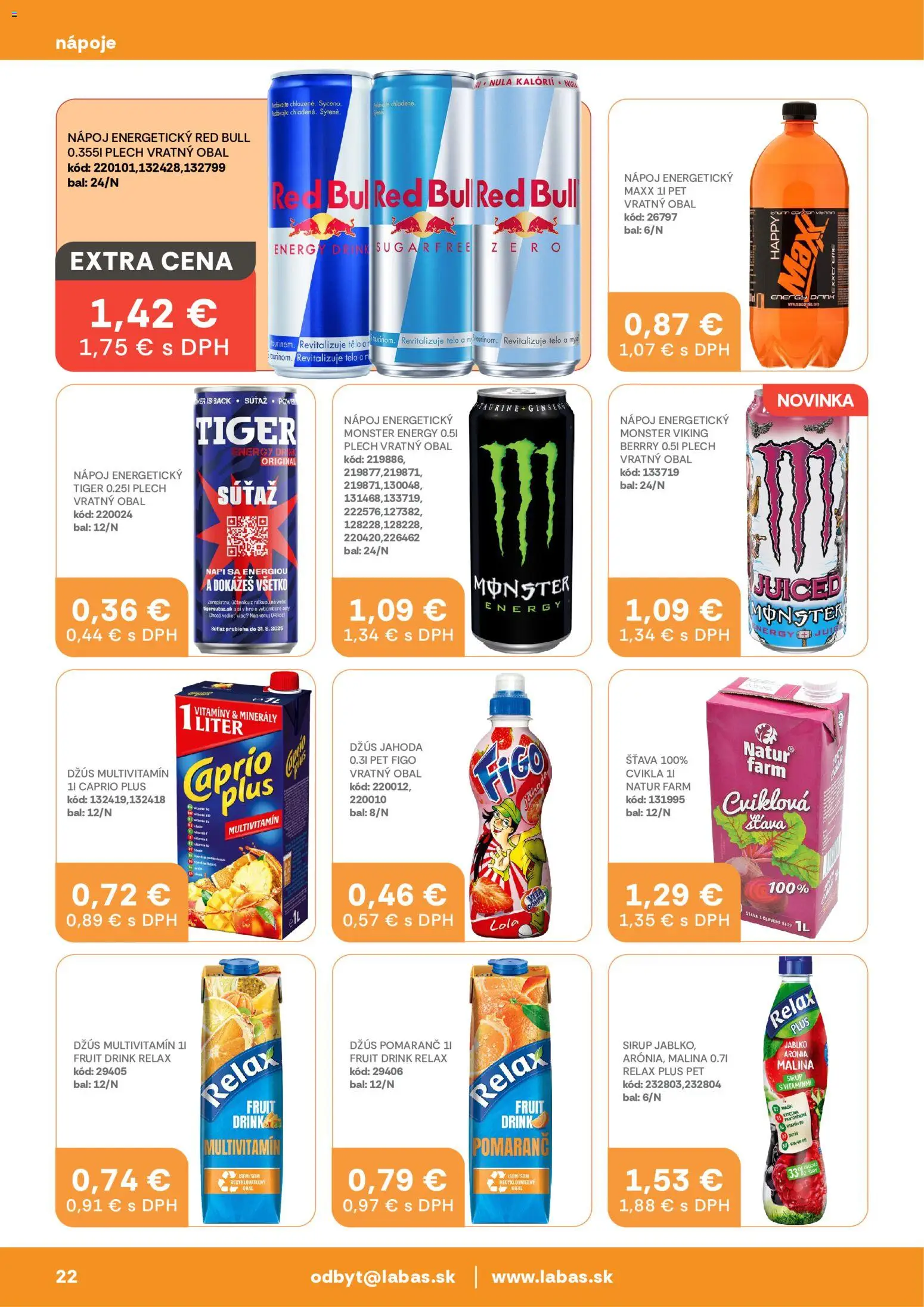 Nové Labaš akcie – leták je platný od 08.05.2026 | Strana: 22 | Produkty: Džús, Red Bull, Cvikla, Energetický nápoj