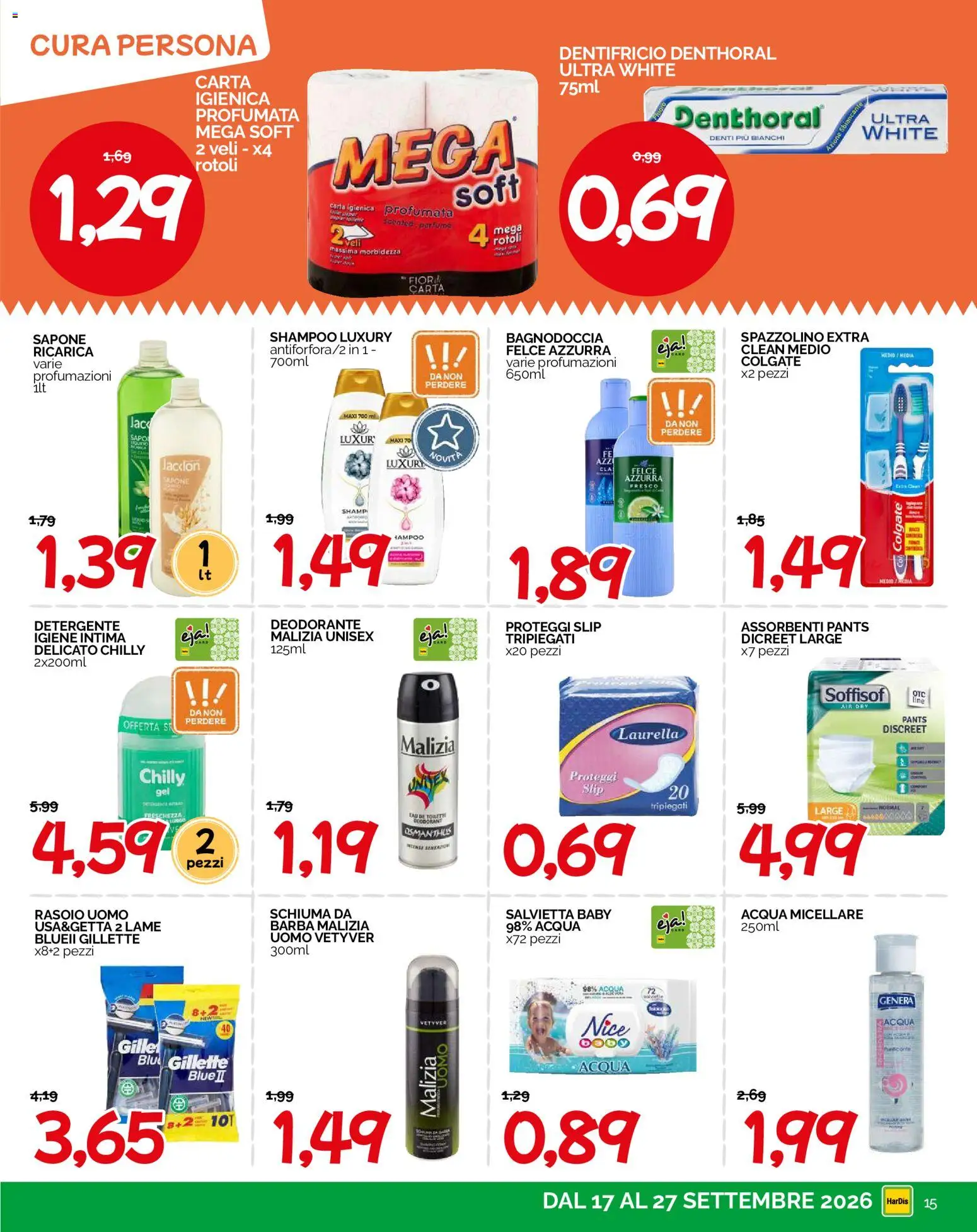 Volantino HarDis del 17/09/2026 | Pagina: 15 | Prodotti: Acqua micellare, Igiene intima, Spazzolino, Assorbenti
