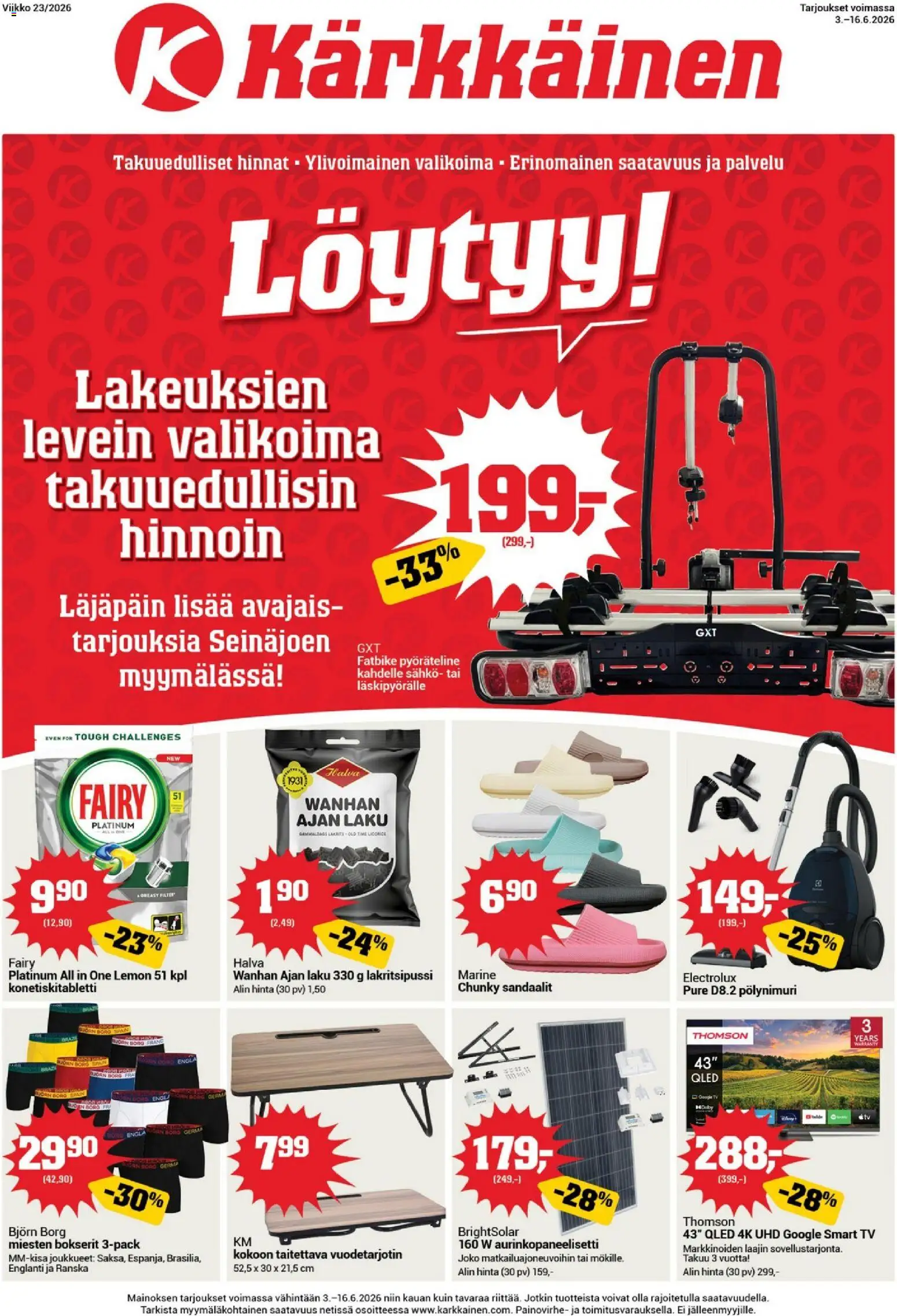 Kärkkäinen tarjoukset - Seinäjoen alue – voimassa 03.06.2026 alkaen | Sivu: 1 | Tuotteet: Bokserit, Sandaalit, TV