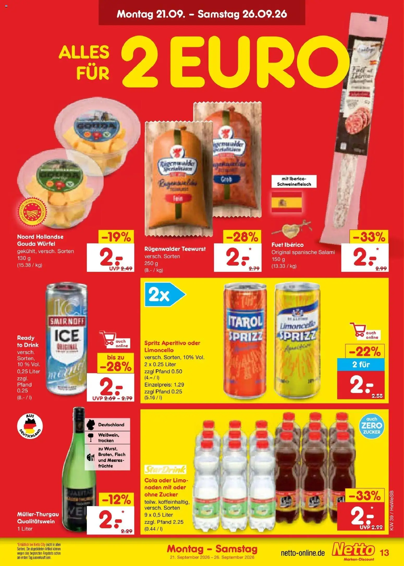 Netto Marken-Discount Prospekt Hamburg – gültig ab 21.09.2026 | Seite: 21 | Produkte: Zucker, Smirnoff, Limoncello, Salami
