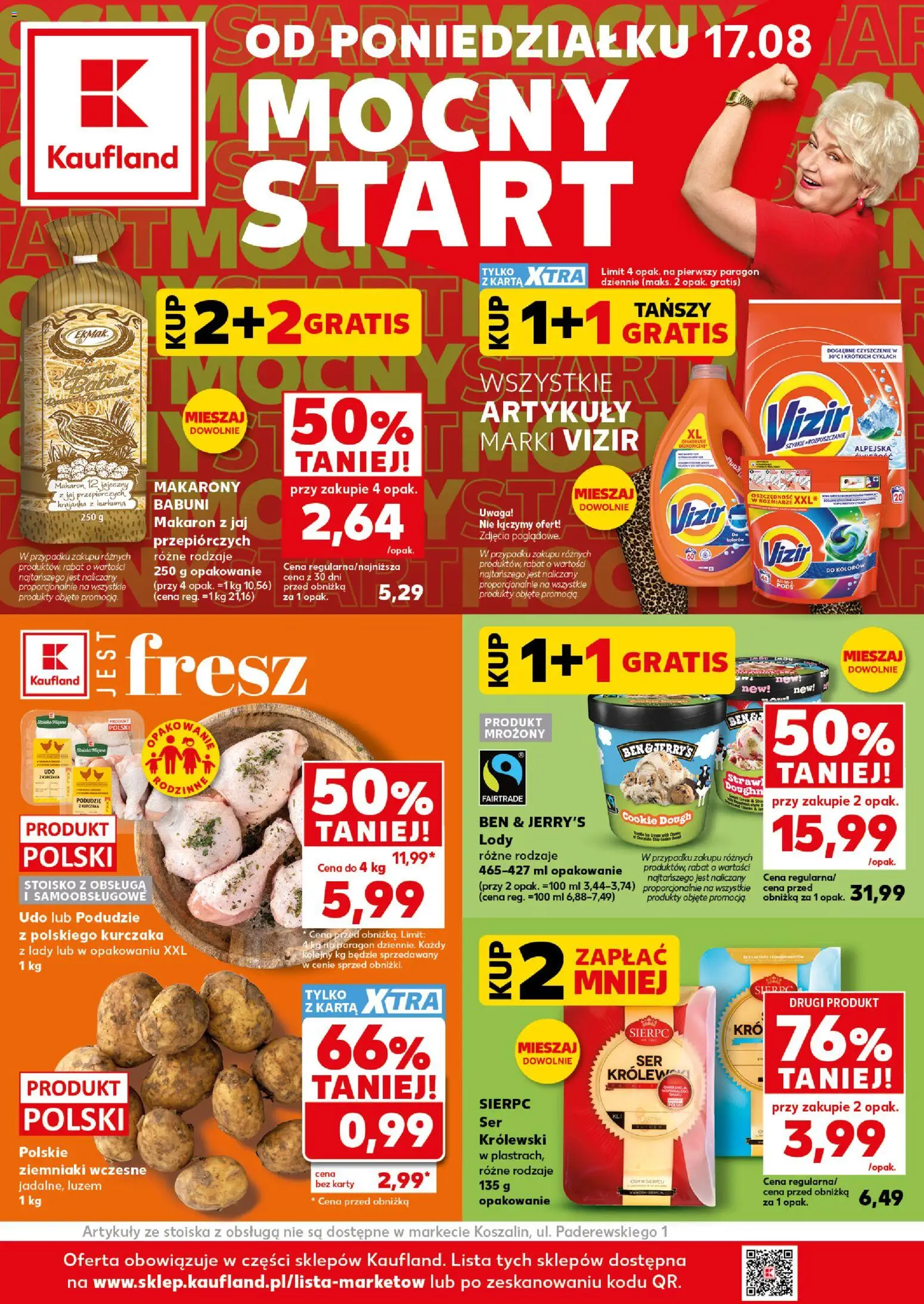 Kaufland Polsko leták - Mocny start od 17.08.2026 | Strana: 1 | Produkty: Ben & Jerry's, Karty, Makarony, Kurkuma