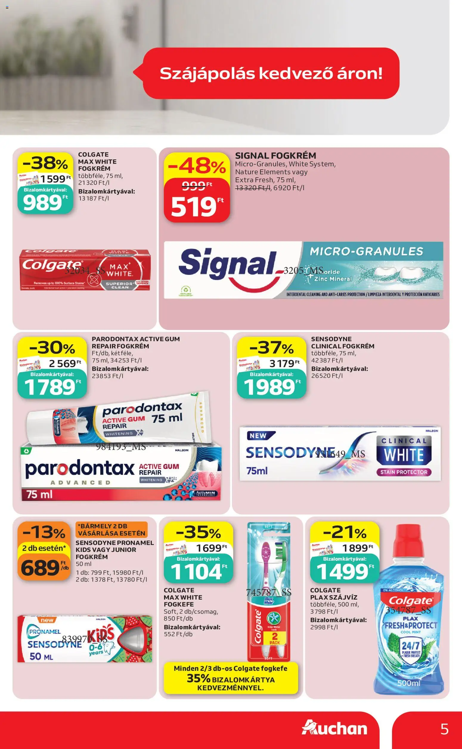 Auchan akciós ujság - amely érvényes a következő dátumtól: 04.05.2026 | Oldal: 5 | Termékek: Fogkrém, Fogkefe, Szájvíz