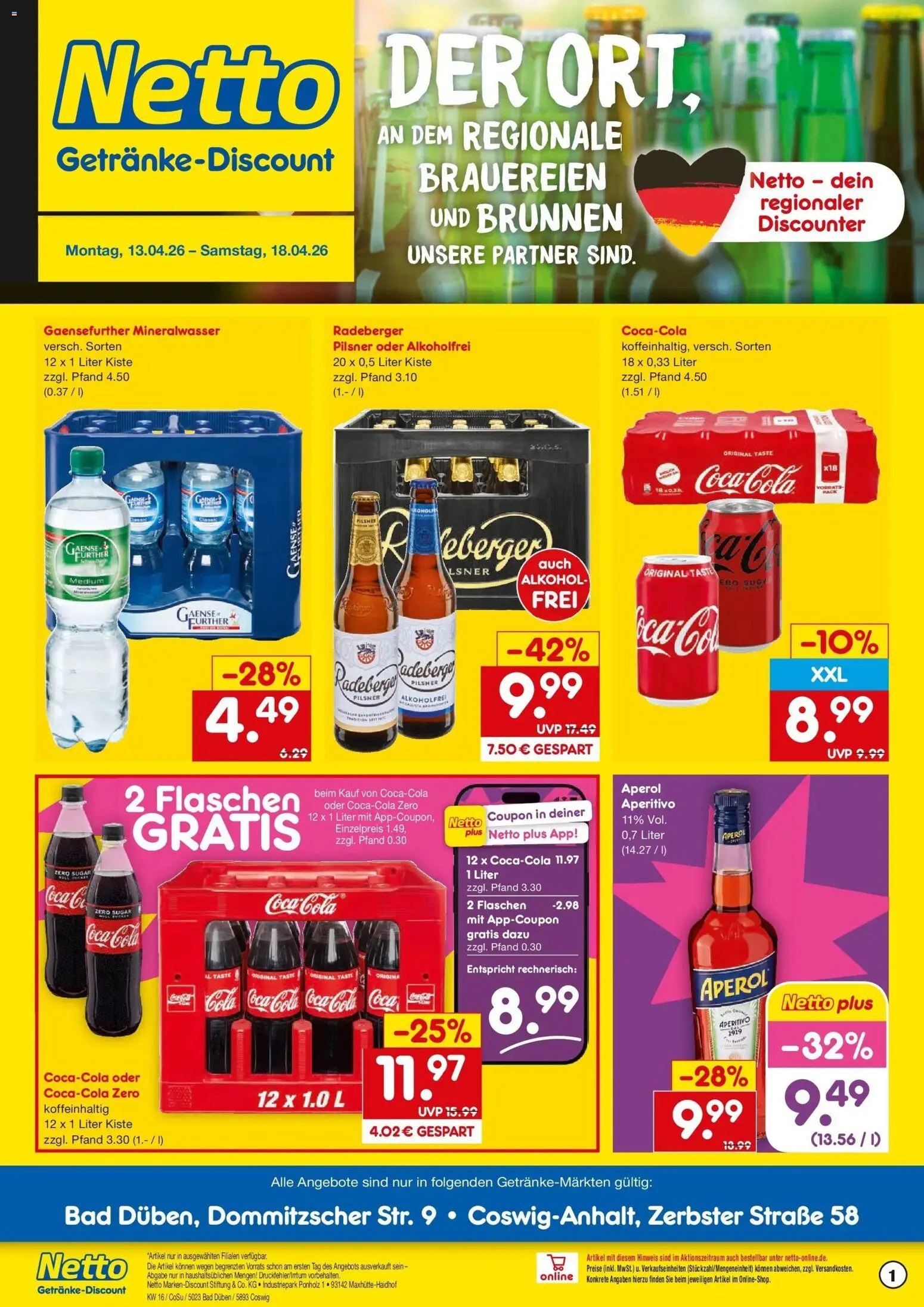 Netto Marken-Discount Prospekt Coswig-Anhalt	 – gültig ab 13.04.2026 | Seite: 1 | Produkte: Cola, Bad, Mineralwasser, Aperol