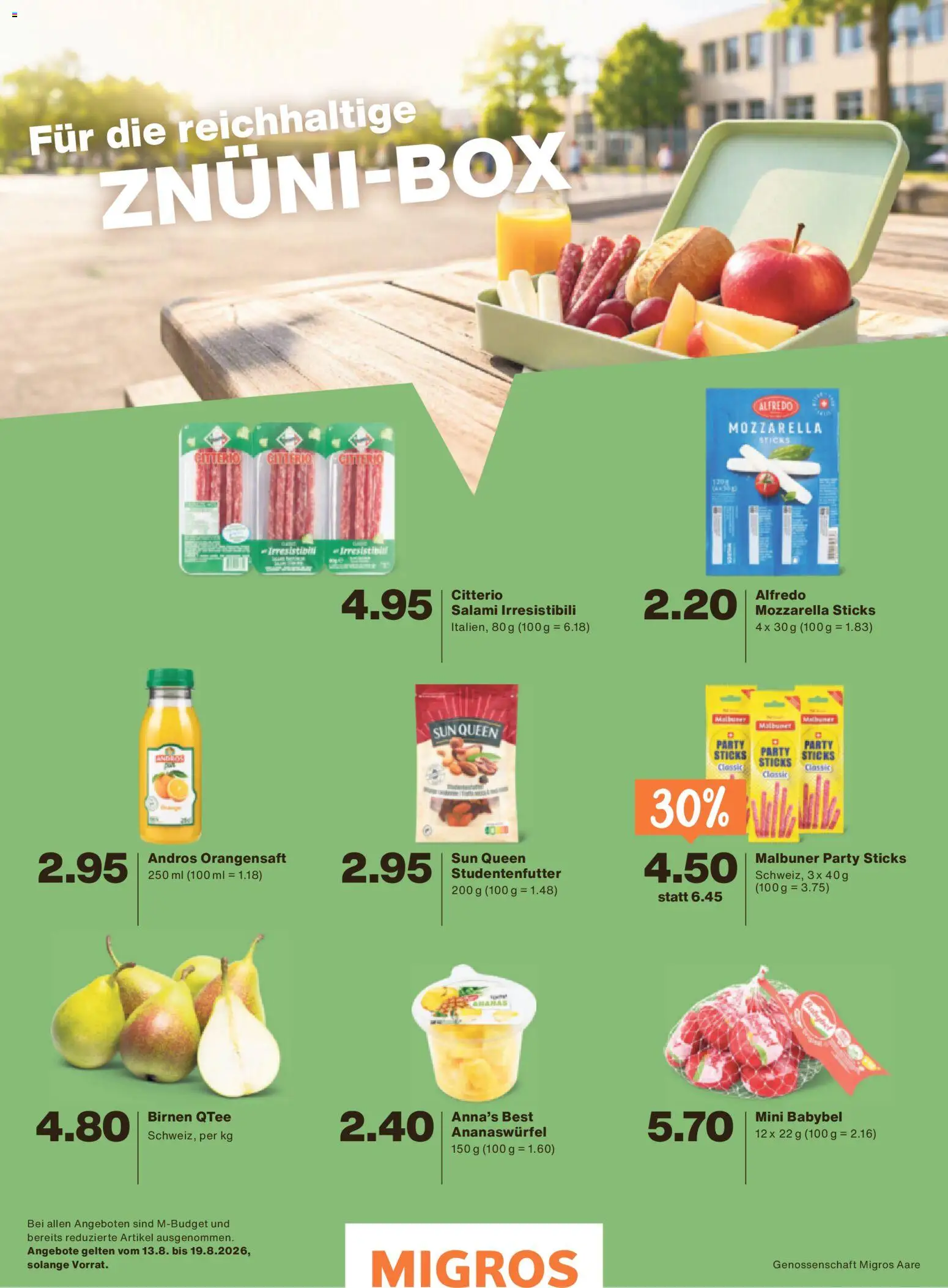Migros aktionen Magazin – gültig ab 12.08.2026 | Seite: 32 | Produkte: Orangensaft, Salami, Ananas, Birnen