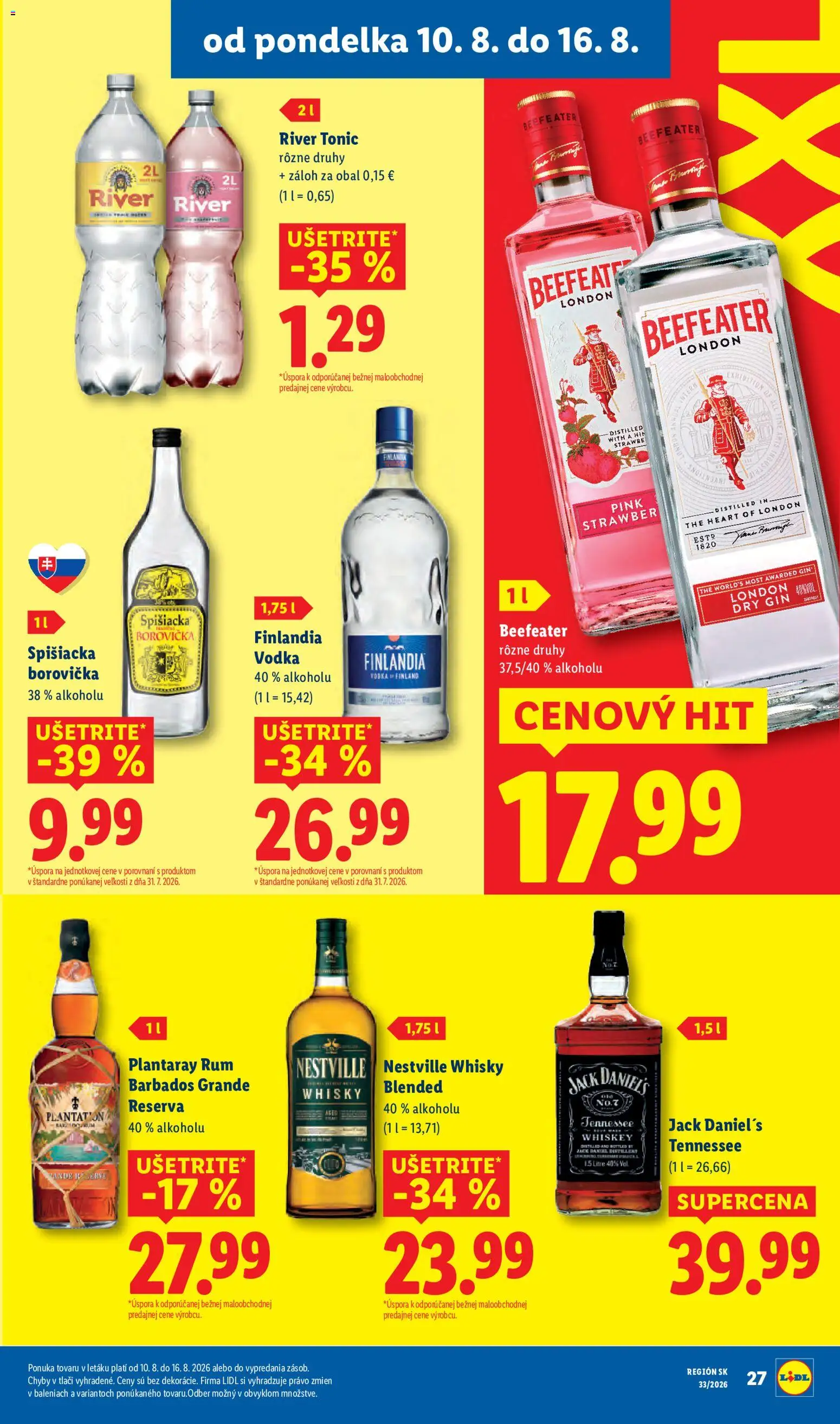 Nové Lidl akcie – leták je platný od 10.08.2026 | Strana: 33 | Produkty: Finlandia Vodka, Vodka, Whisky, River Tonic