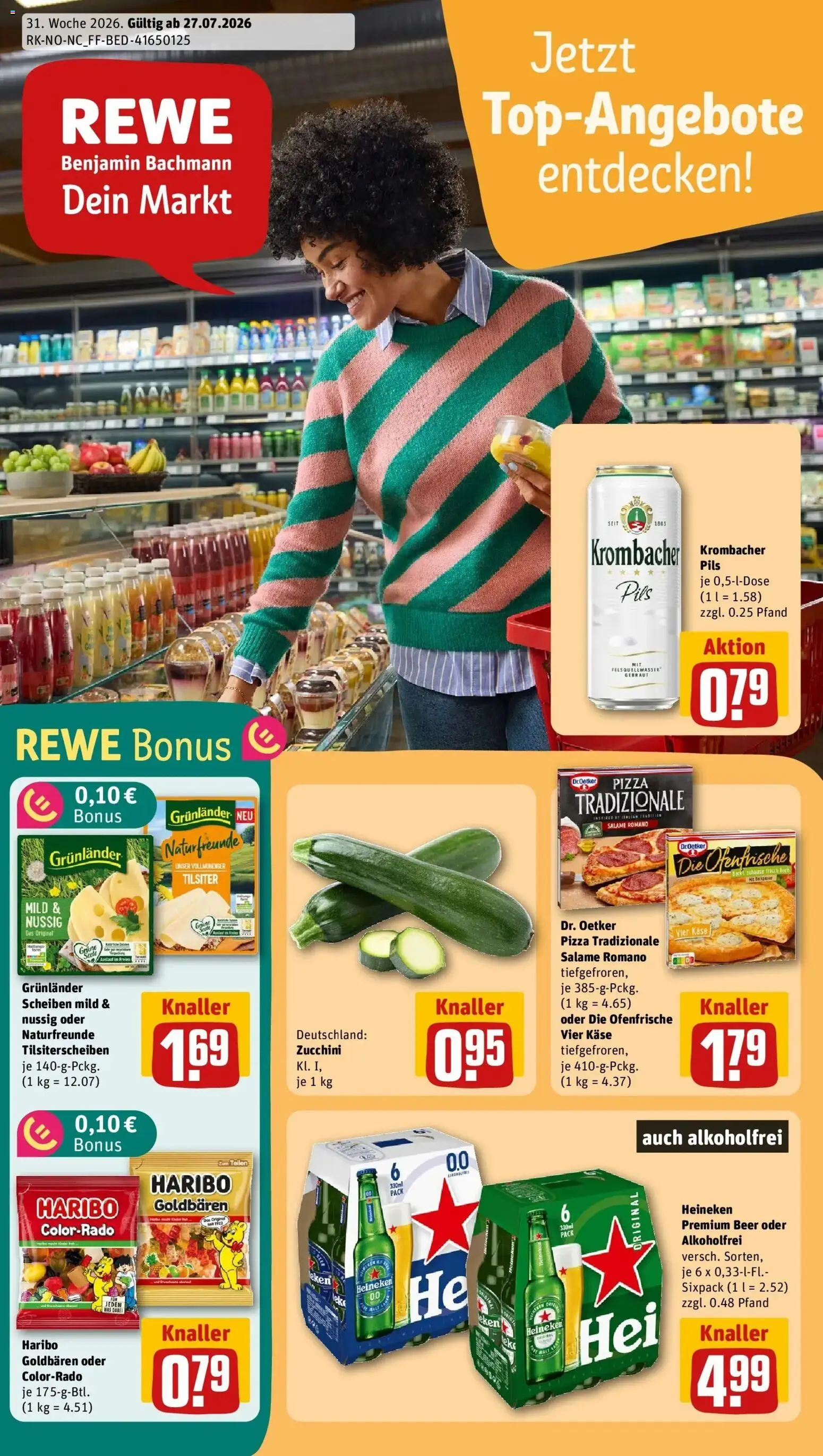 Rewe Prospekt Lübeck – gültig ab 27.07.2026 | Seite: 1 | Produkte: Käse, Heineken, Grunlander, Krombacher