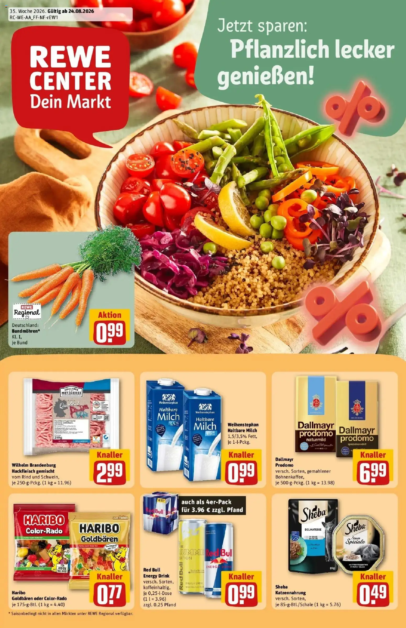 REWE Prospekt ab 24.08.2026 zum Blättern » Angebote | Seite: 1 | Produkte: Red bull, Haribo, Energy, Dallmayr
