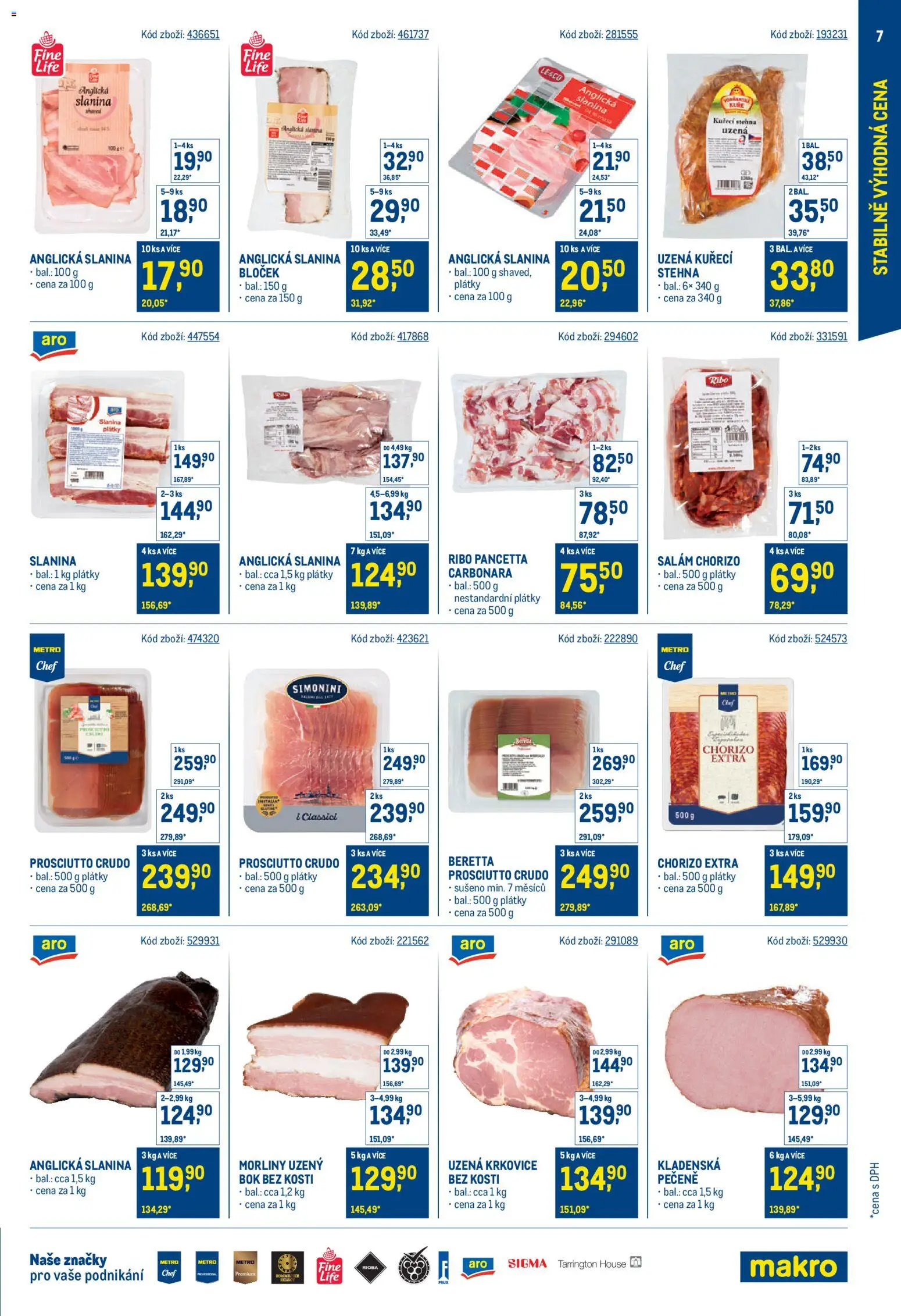 Makro leták - Stabilně výhodná cena od 18.05.2026 | Strana: 7 | Produkty: Uzená kuřecí stehna, Anglická slanina, Kuřecí stehna, Uzená krkovice