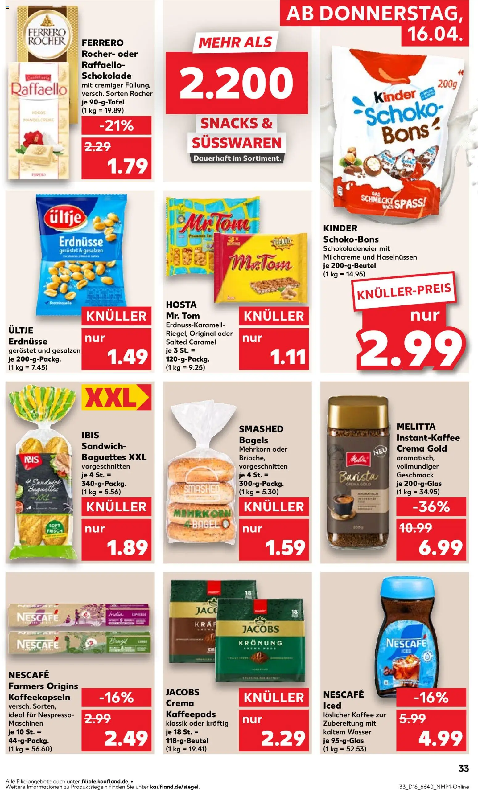 Kaufland Německo leták od 16.04.2026 | Strana: 33 | Produkty: Bagels, Jacobs, Nescafé, Crema