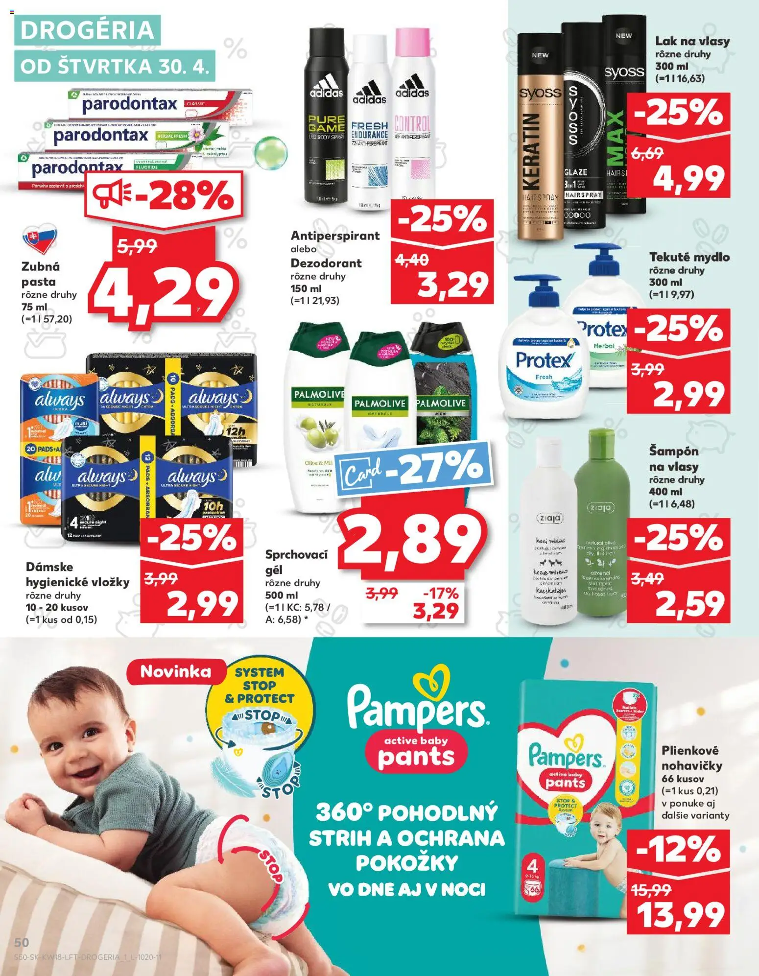 Nové Kaufland akcie – leták je platný od 30.04.2026 | Strana: 50 | Produkty: Mlieko, Mydlo, Antiperspirant, Nohavičky