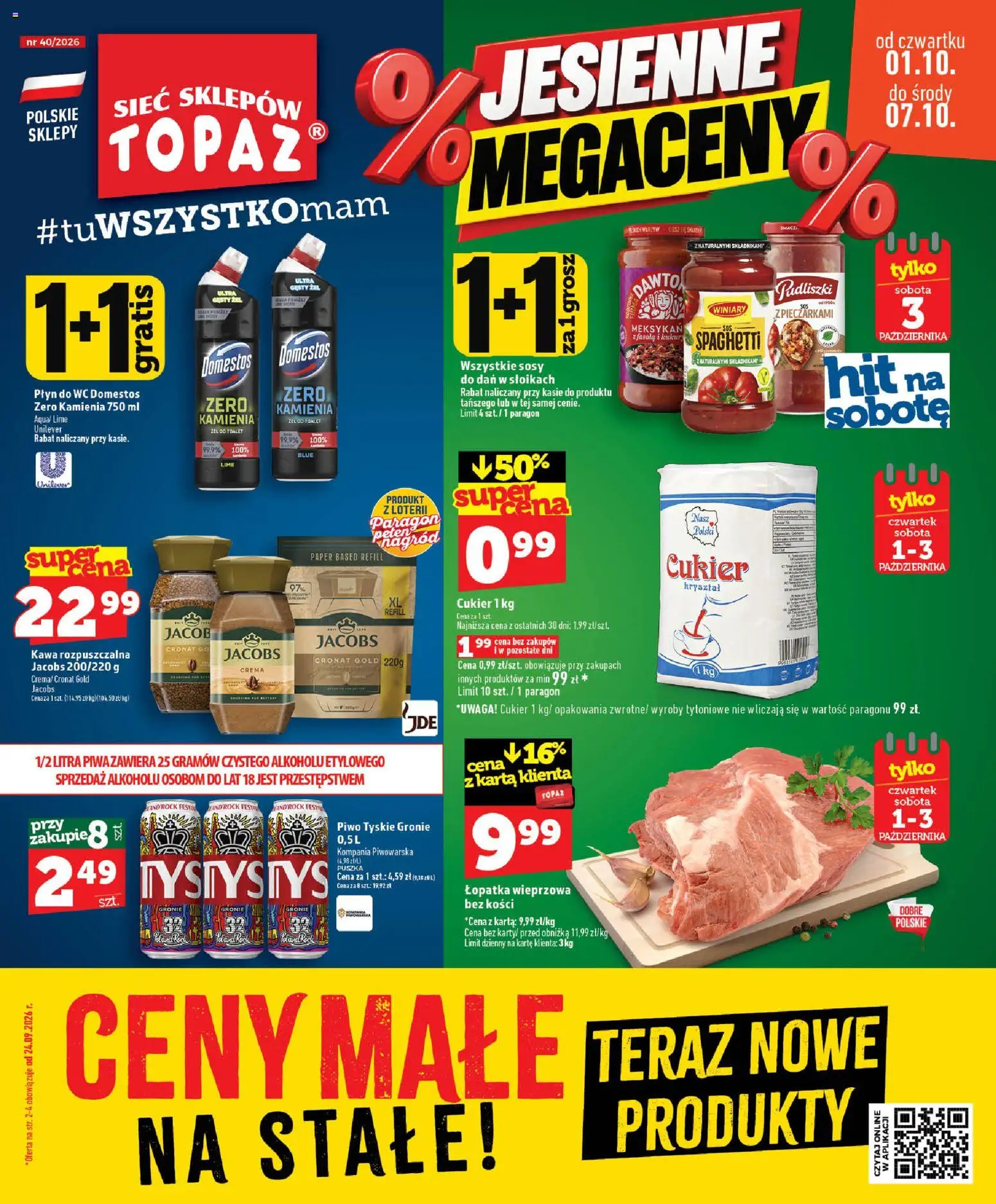 Topaz gazetka - Ceny małe na stałe od 01.10.2026 | Strona: 1 | Produkty: Karta, Piwo tyskie, Piwo, Cukier