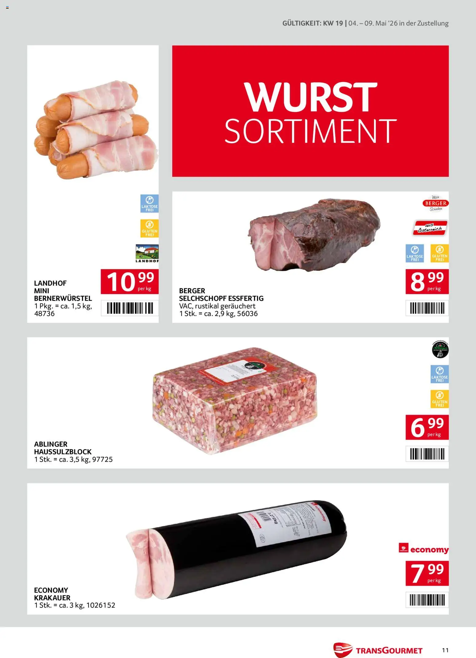 Transgourmet Zustellaktion gültig ab 04.05.2026 | Seite: 11 | Produkte: Wurst, Schinken