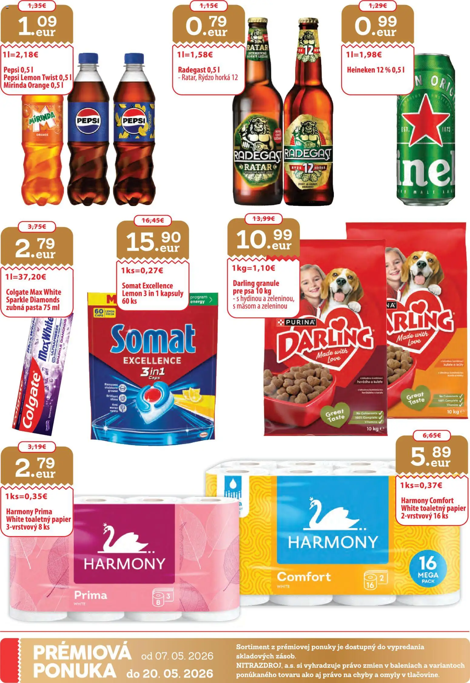 Nové Nitrazdroj akcie – leták je platný od 07.05.2026 | Strana: 32 | Produkty: Darling granule, Radegast, Zubná pasta, Mirinda
