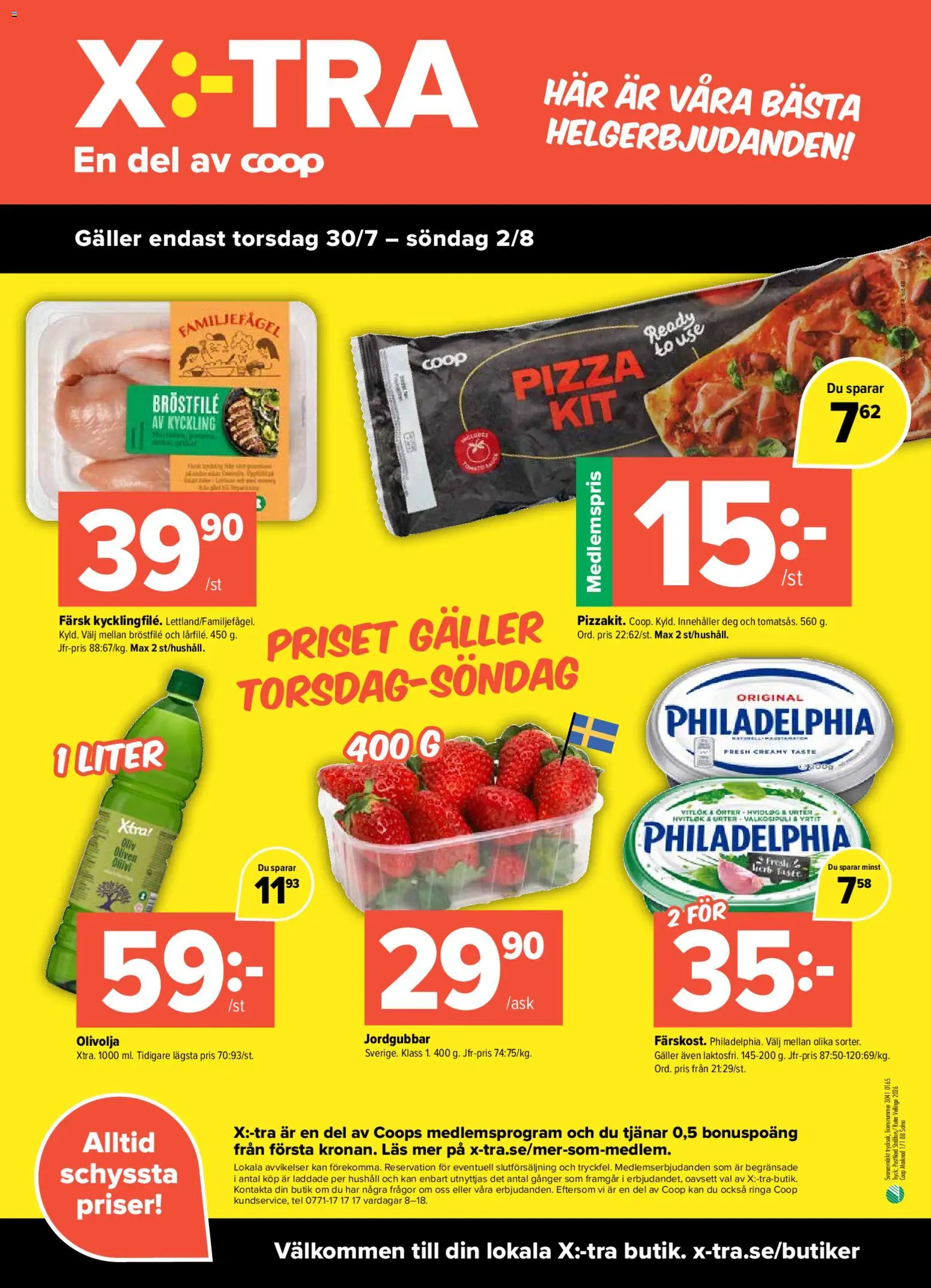 Coop X:-TRA reklamblad aktuell från 27/07/2026 | Sida: 4 | Produkter: Galler, Olivolja, Pizza, Jordgubbar