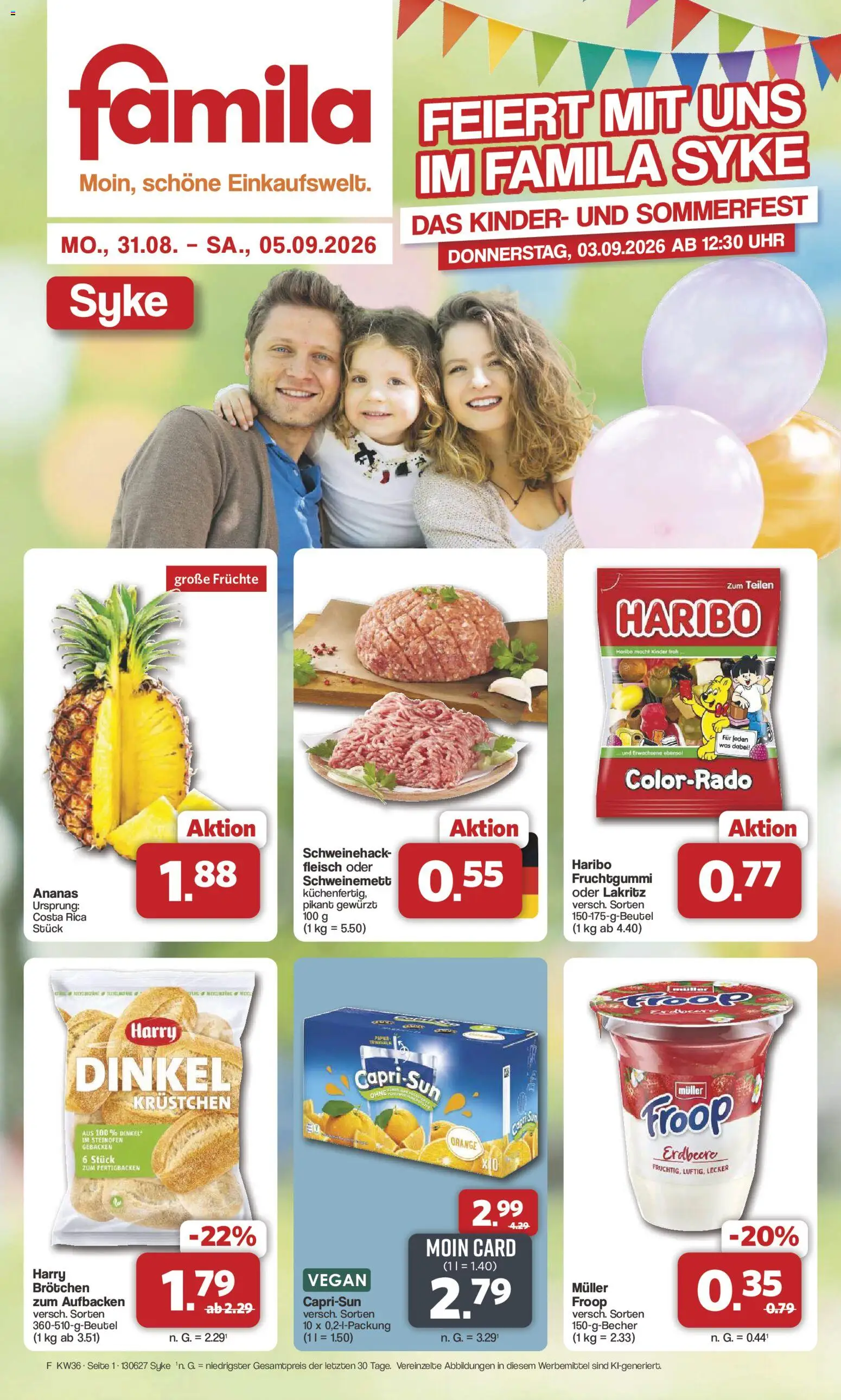 Famila Nordwest Sonderangebote – gültig ab 31.08.2026 | Seite: 1 | Produkte: Froop, Ananas, Fleisch, Uhr