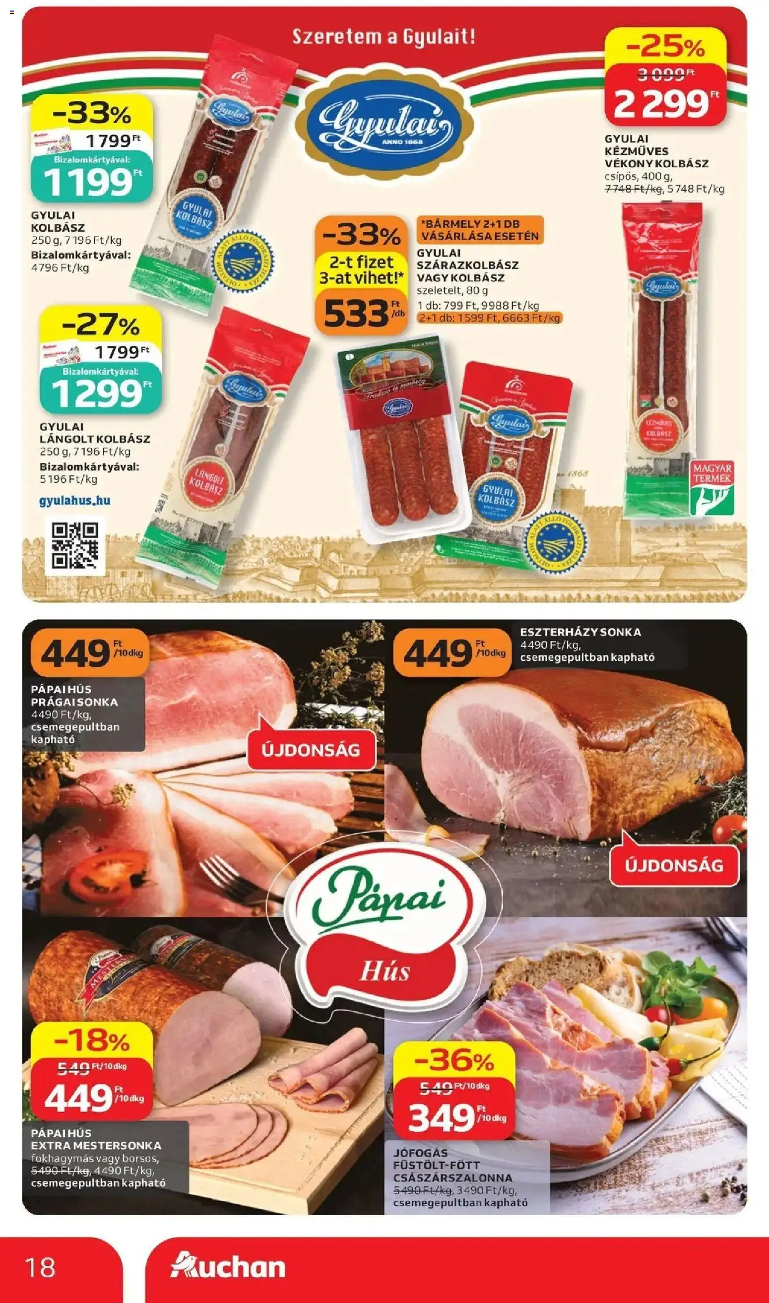 Auchan akciós ujság - amely érvényes a következő dátumtól: 11.06.2026 | Oldal: 18 | Termékek: Kolbász, Hús, Császárszalonna, Gyulai kolbász