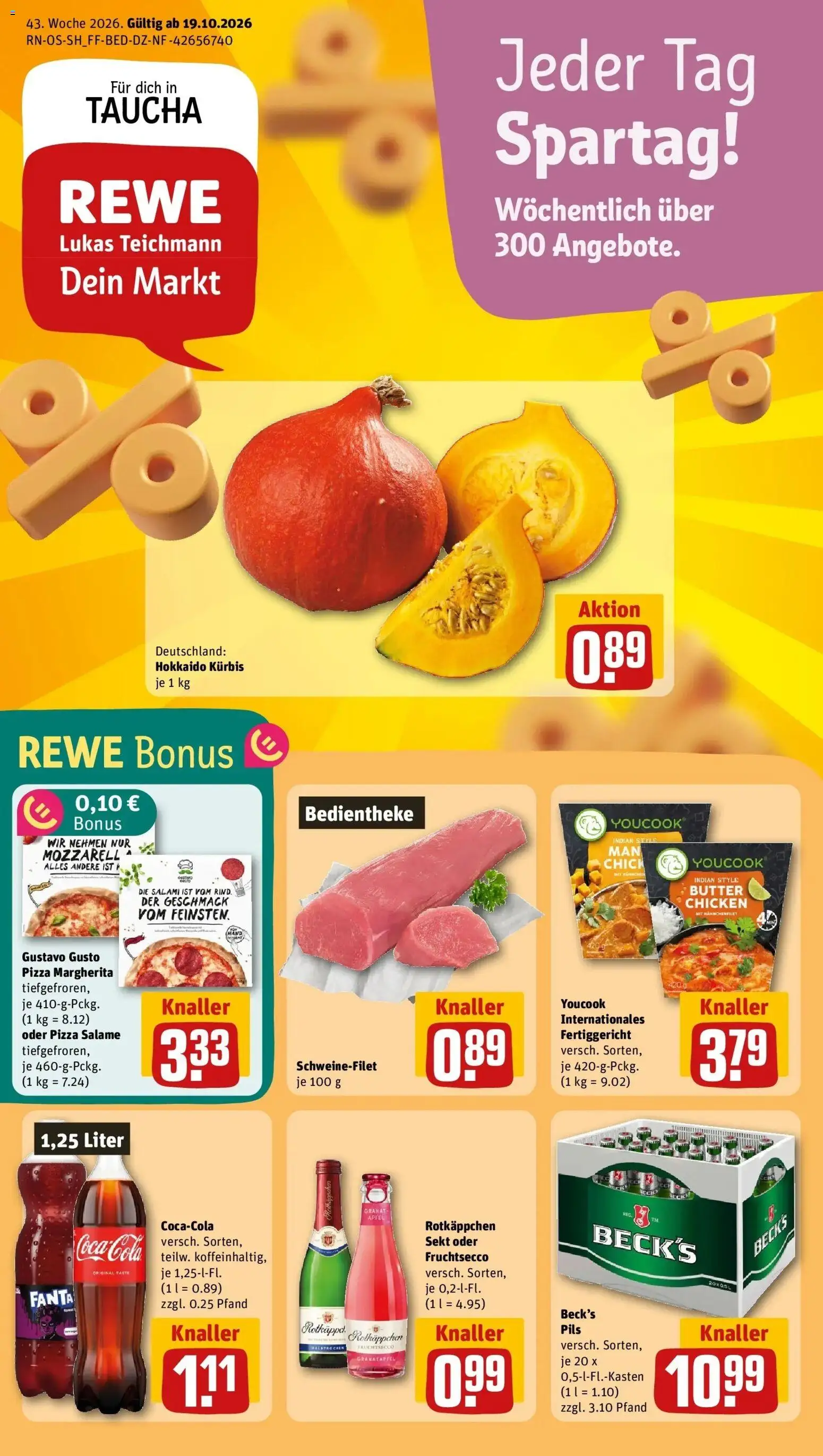REWE Prospekt ab 19.10.2026 zum Blättern » Angebote | Seite: 1 | Produkte: Sekt, Fruchtsecco, Kürbis, Pizza