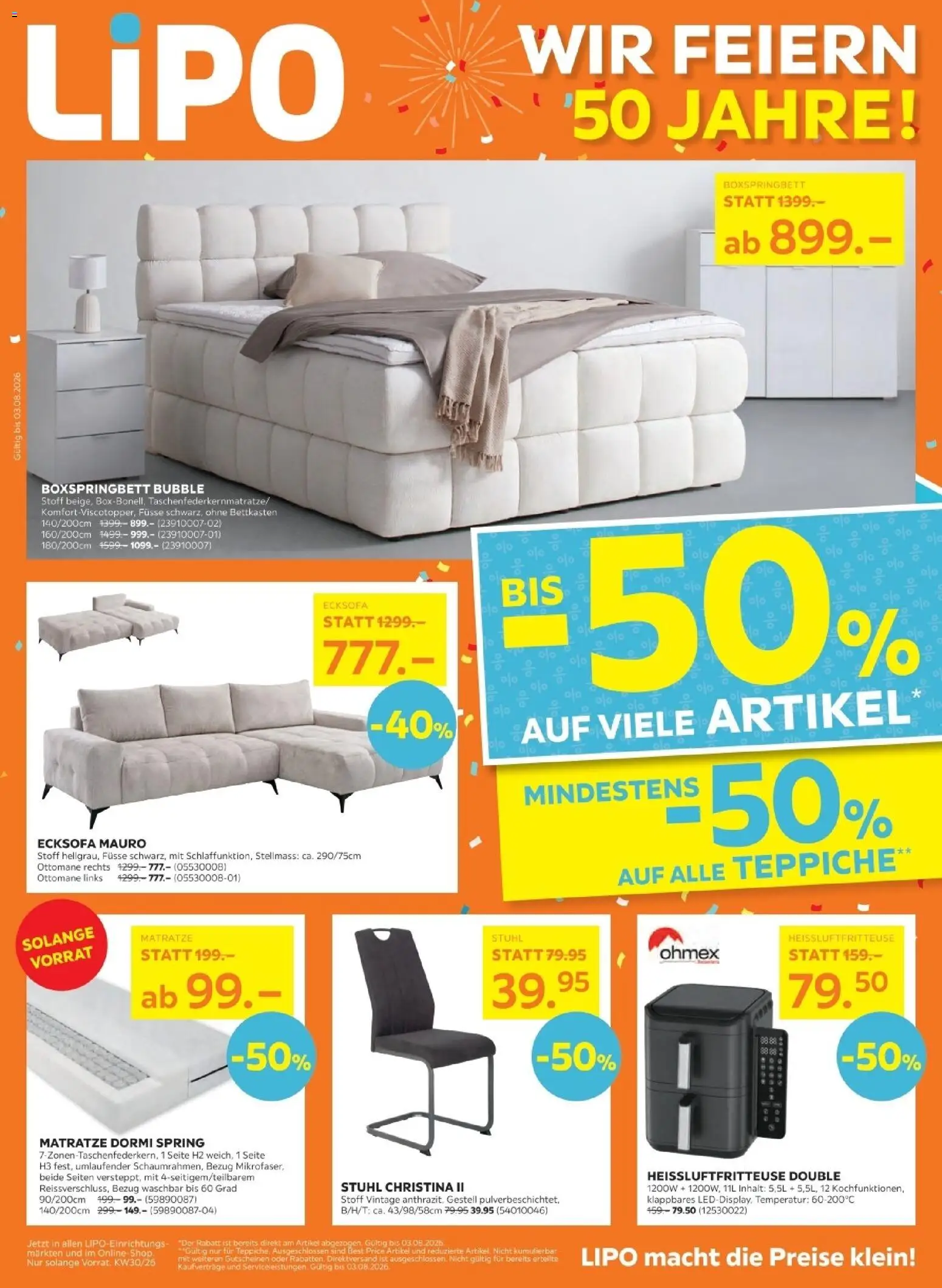 Lipo aktionen – gültig ab 21.07.2026 | Seite: 1 | Produkte: Matratze, Stuhl, Boxspringbett, Ecksofa