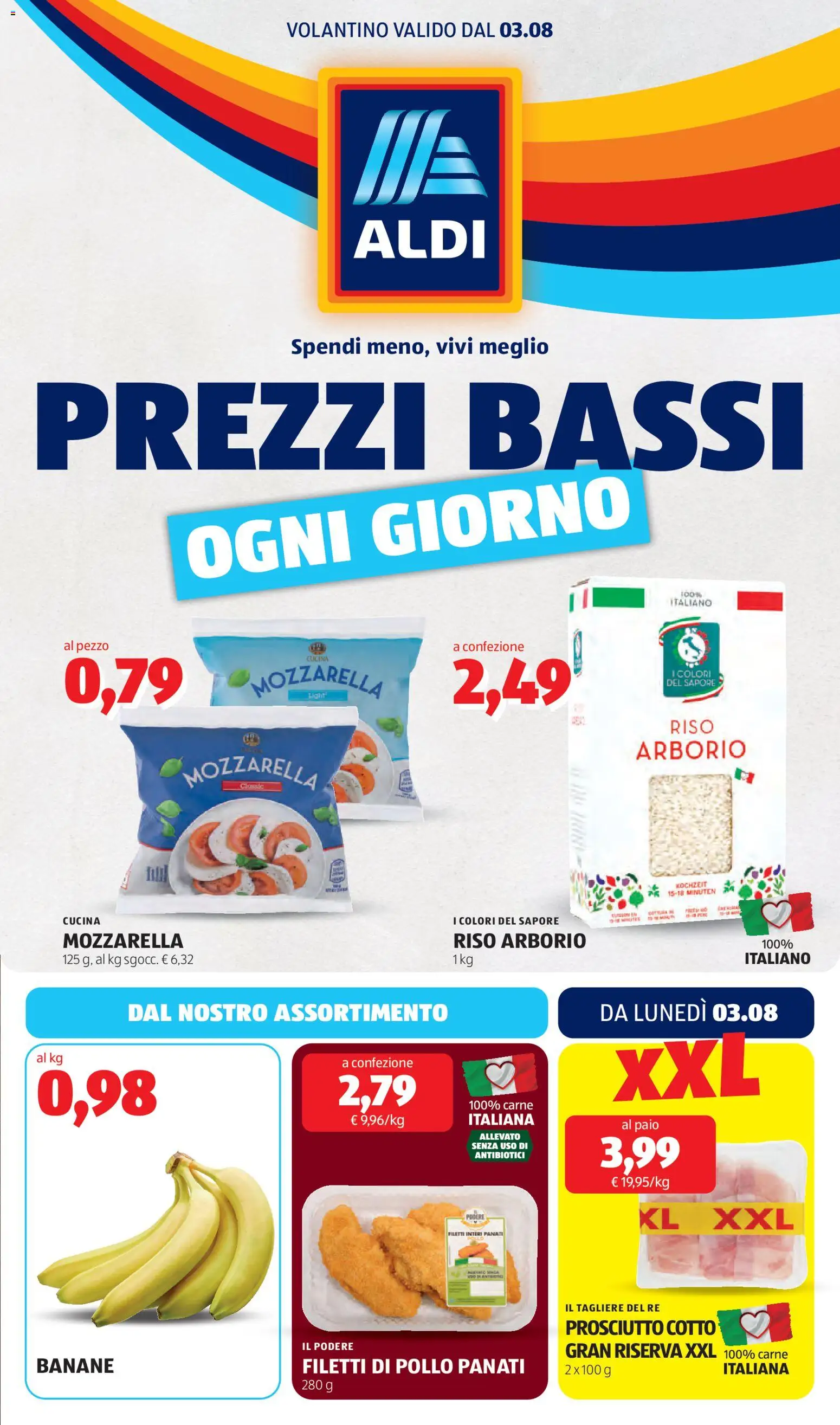 Volantino Aldi del 03/08/2026 | Pagina: 1 | Prodotti: Prosciutto Cotto, Riso, Mozzarella, Tagliere