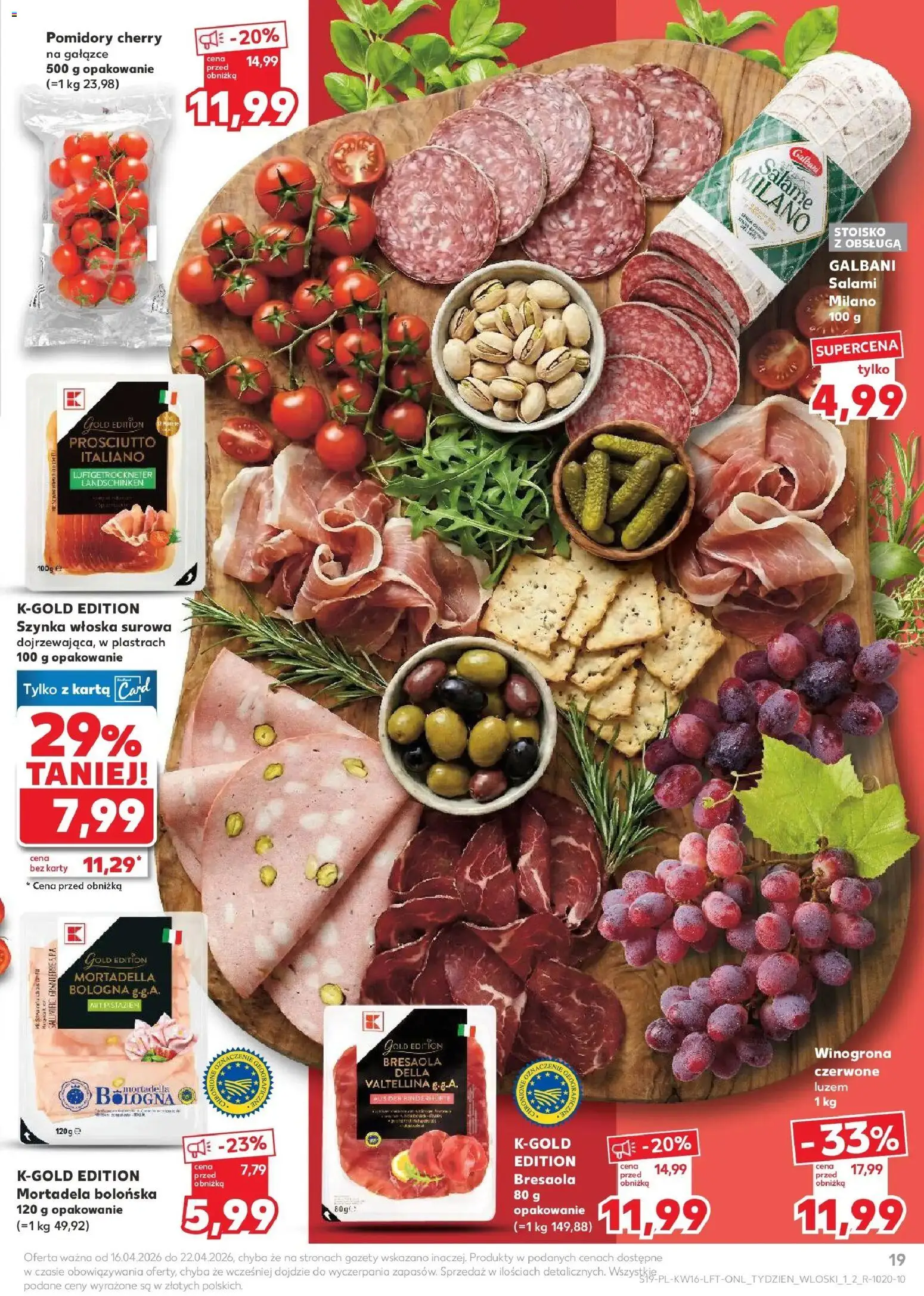 Kaufland gazetka od 16.04.2026 | Strona: 19 | Produkty: Karta, Winogrona, Szynka, Pomidory
