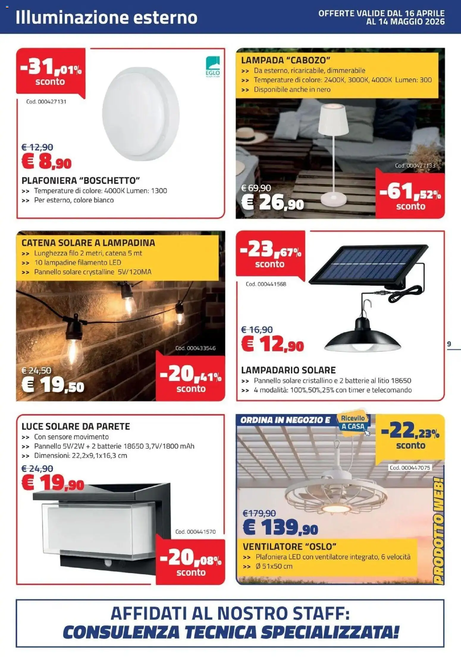 Volantino Eurobrico del 15.04.2026 | Pagina: 9 | Prodotti: Ventilatore, Telecomando, Lampada, Luce solare
