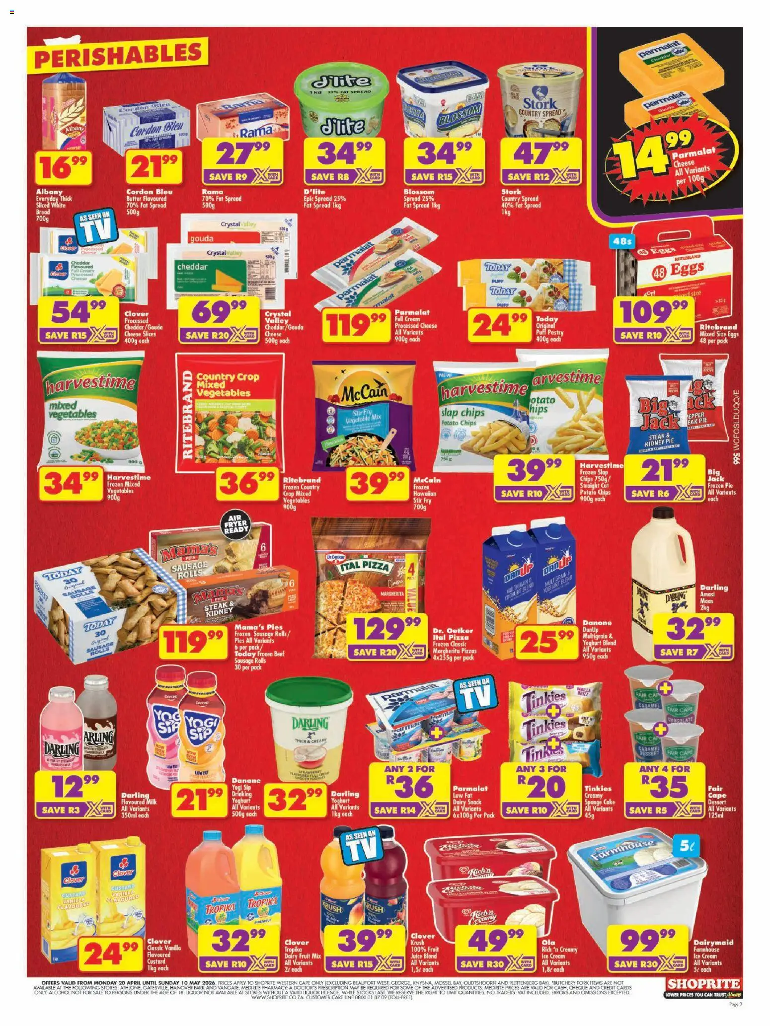 New Shoprite catalogue – valid from 20.04.2026 | Page: 3 | Products: Pizza, Fat spread, Fruit, Caramel