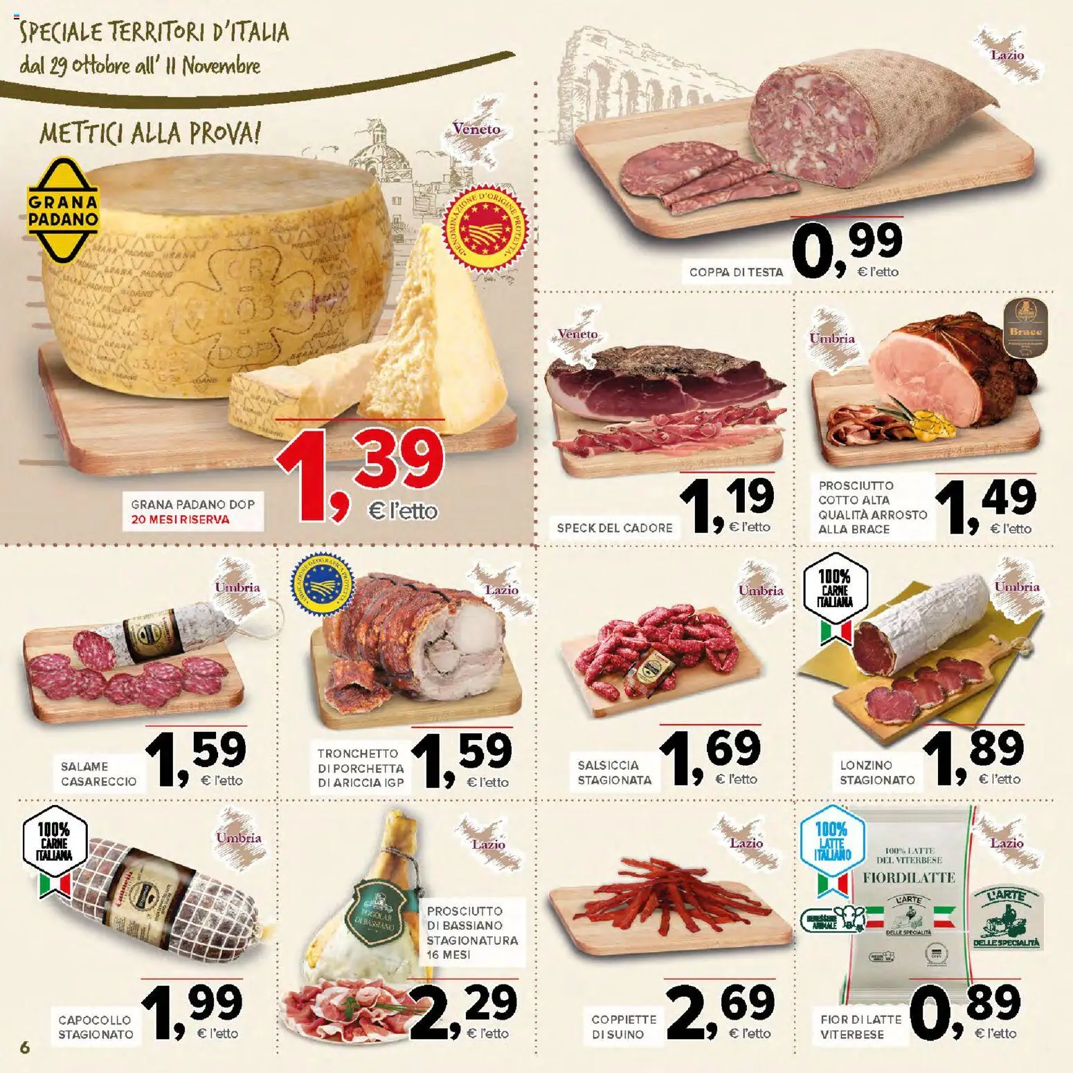 Volantino Todis del 29/10/2026 | Pagina: 6 | Prodotti: Porchetta, Salame, Salsiccia, Grana Padano