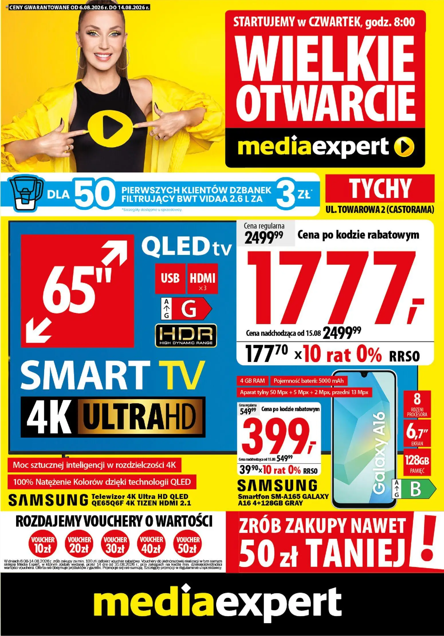 Mediaexpert promocje - Wielkie otwarcie Tychy od 06.08.2026 | Strona: 1 | Produkty: Dzbanek, Smartfon, Telewizor