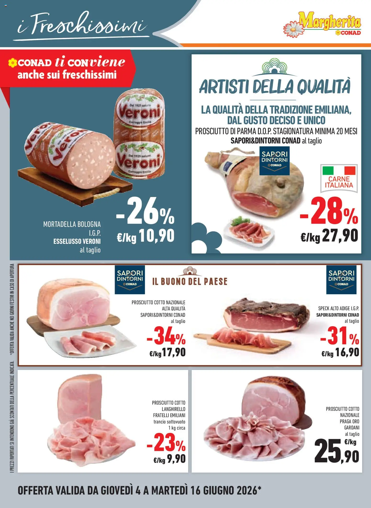 Volantino Conad del 04.06.2026 | Pagina: 14 | Prodotti: Prosciutto di Parma, Prosciutto Cotto, Prosciutto, Mortadella
