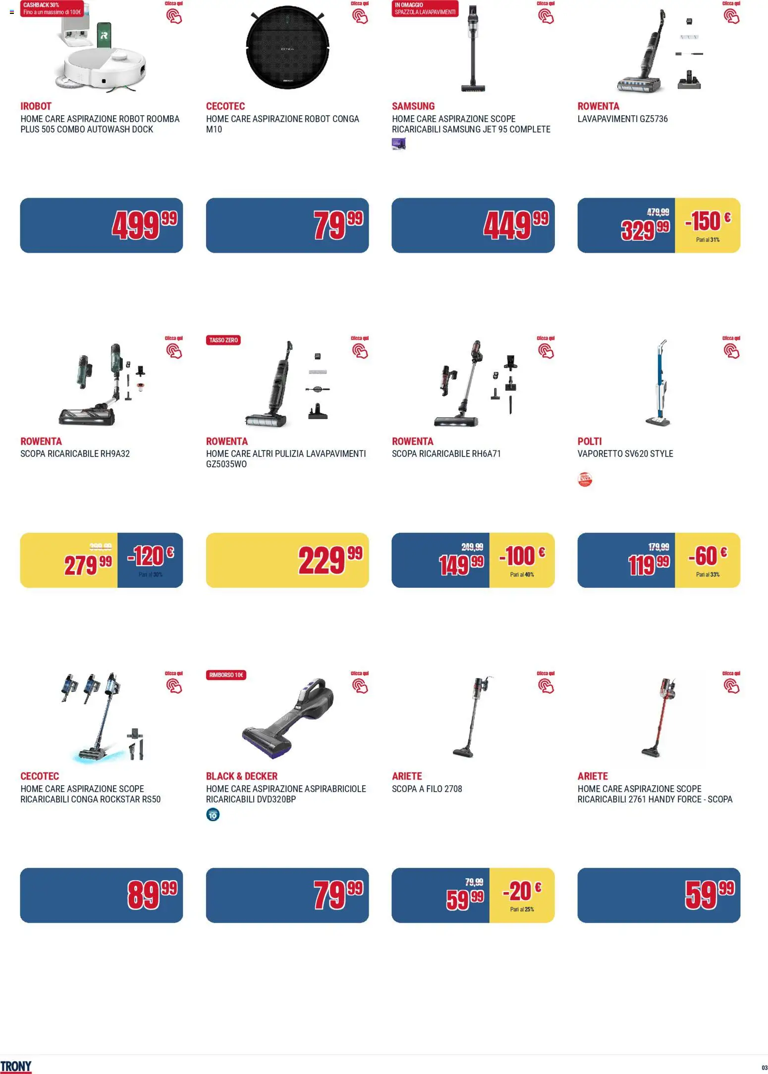 Volantino Trony del 19.03.2026 | Pagina: 3 | Prodotti: Vaporetto, Scopa, Robot, Samsung