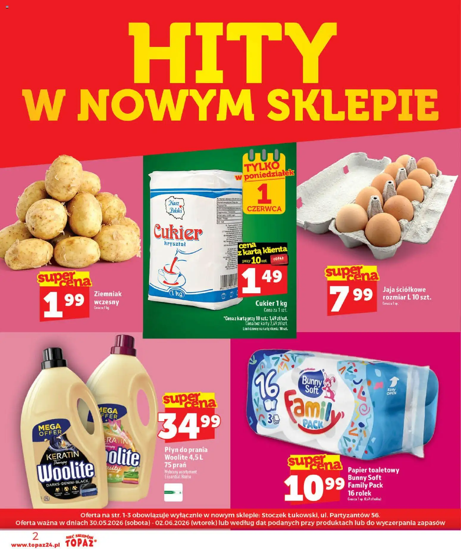Topaz gazetka - Otwarcie Stoczek Łukowski od 30.05.2026 | Strona: 2 | Produkty: Papier toaletowy, Półka, Jaja, Cukier
