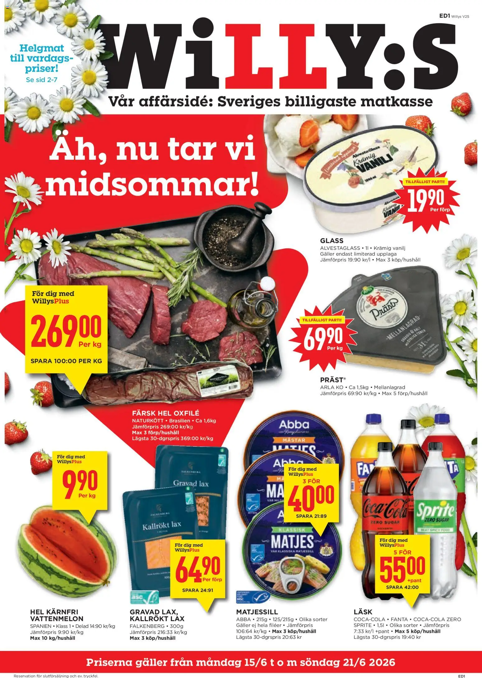 Willys reklamblad aktuell från 15.06.2026 | Sida: 1 | Produkter: Vattenmelon, Coca cola, Oxfilé, Glass