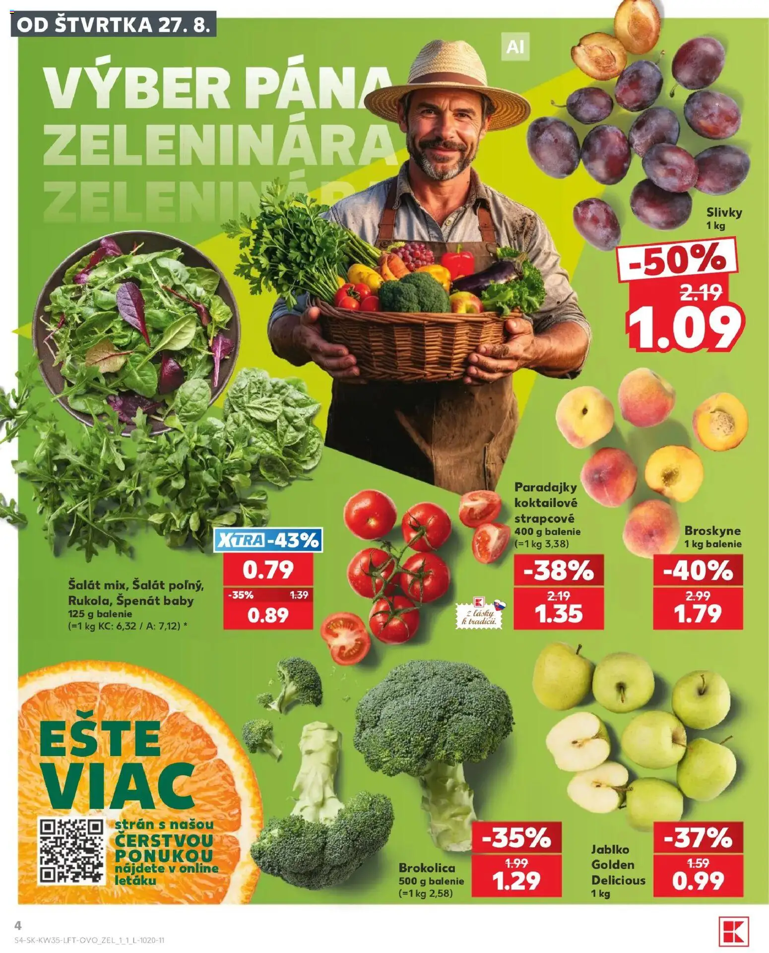 Nové Kaufland akcie – leták je platný od 27.08.2026 | Strana: 4 | Produkty: Paradajky, Šalát, Špenát, Broskyne