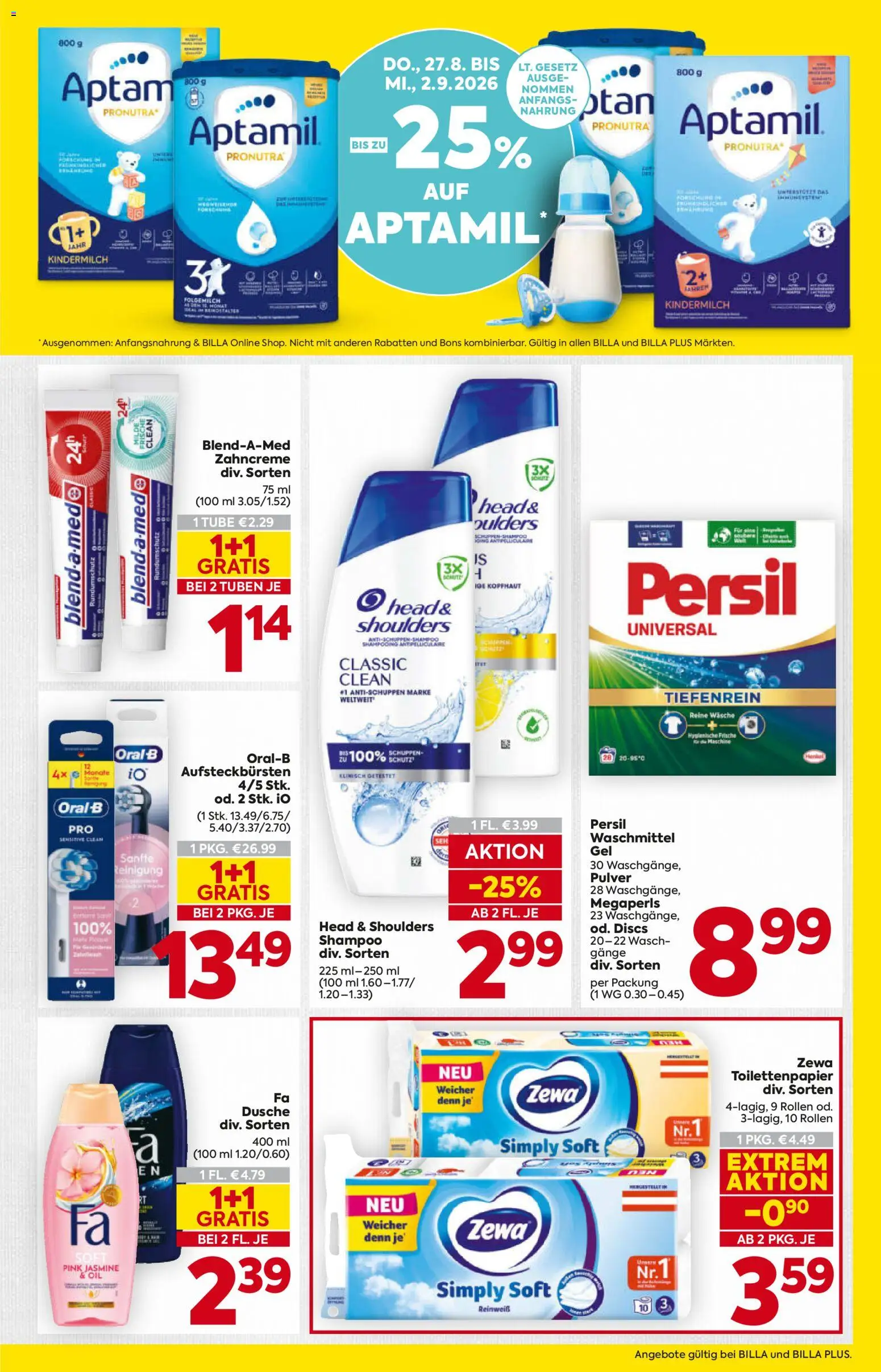 Billa AT akciós ujság - amely érvényes a következő dátumtól: 2026.08.27. | Oldal: 19 | Termékek: Persil, Head & Shoulders, Zewa