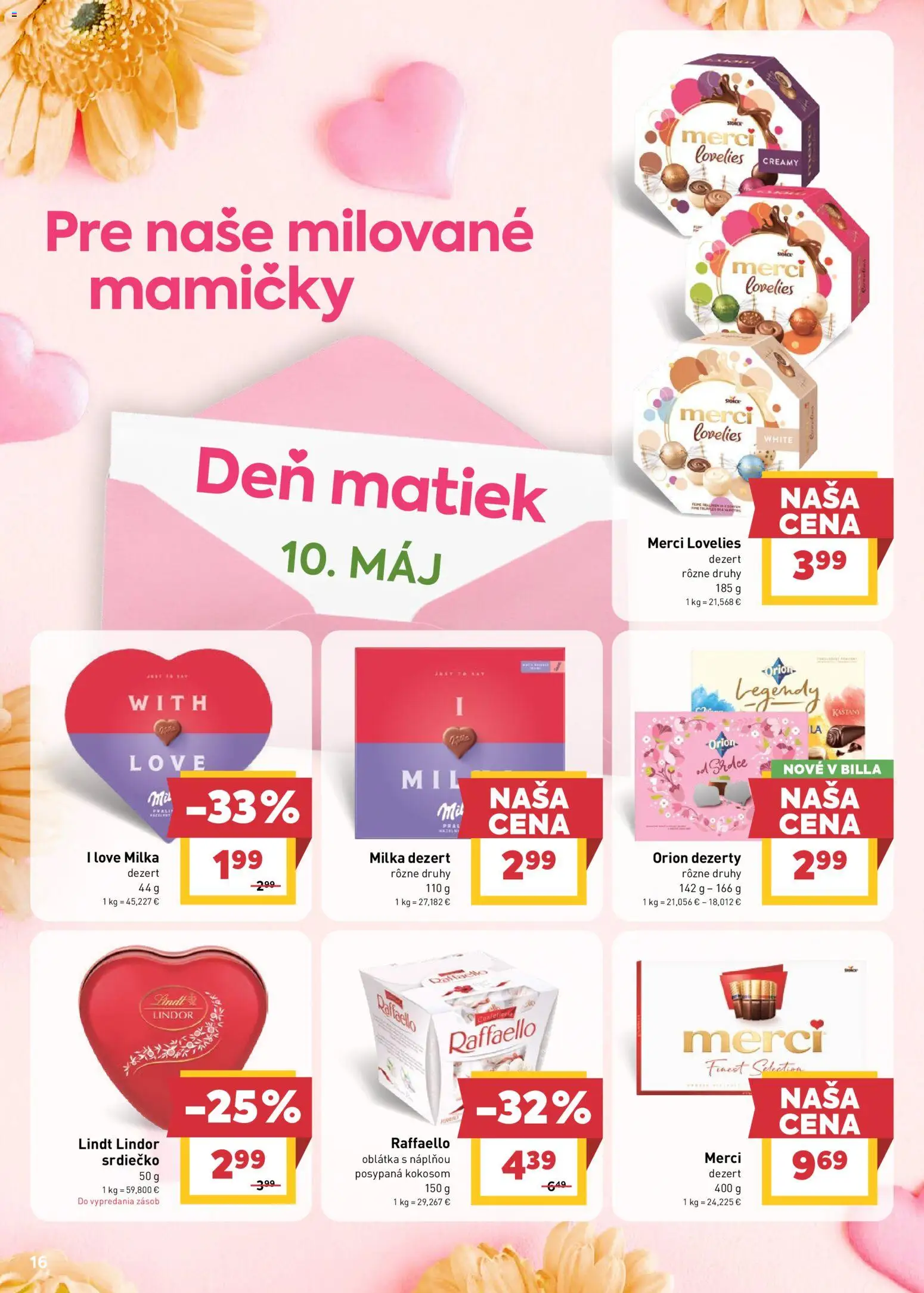 Nové Billa akcie – leták je platný od 06.05.2026 | Strana: 16 | Produkty: Lindor, Lindt, Merci, Milka