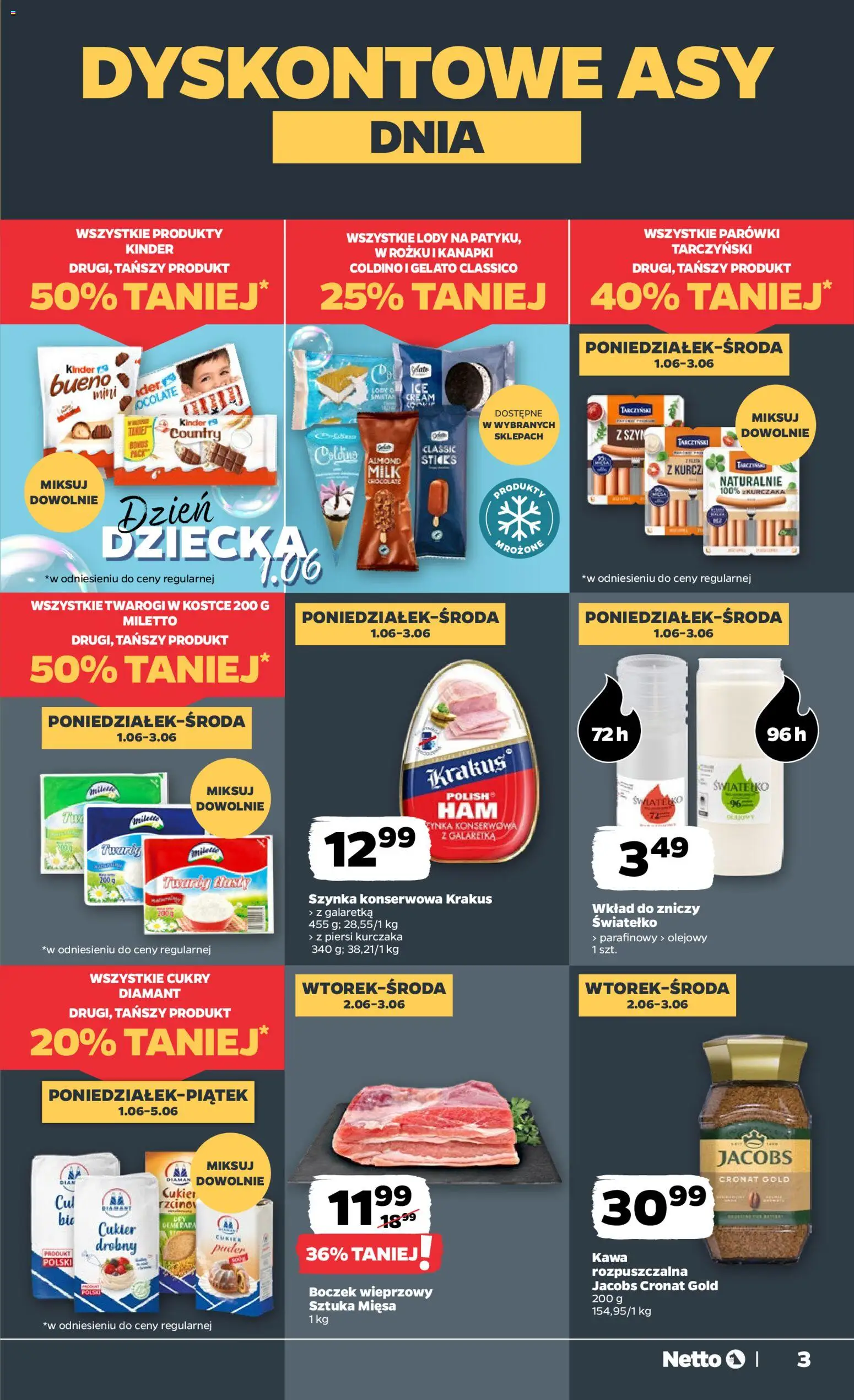 Netto gazetka od poniedziałku spożywcza od 01.06.2026 | Strona: 3 | Produkty: Galaretka, Szynka konserwowa krakus, Puder, Kawa