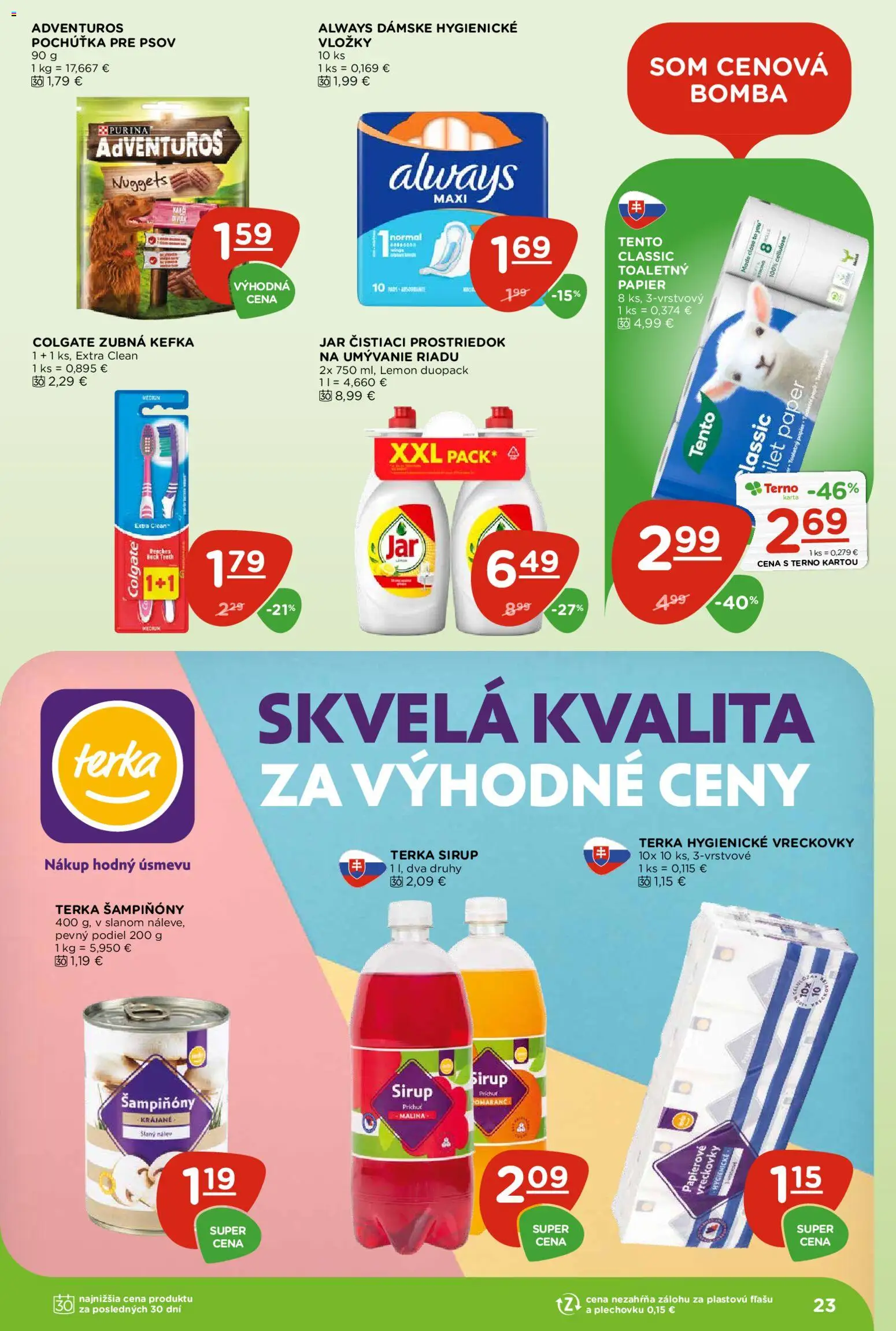 Nové Terno akcie – leták je platný od 24.09.2026 | Strana: 23 | Produkty: Zubná kefka, Sirup, Vreckovky
