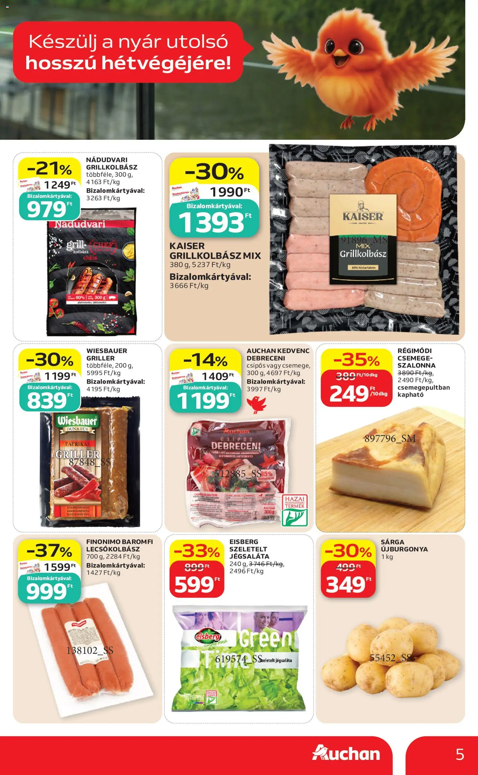 Auchan akciós ujság - amely érvényes a következő dátumtól: 2026.08.13. | Oldal: 5 | Termékek: Baromfi, Grill, Csemege, Lecsókolbász