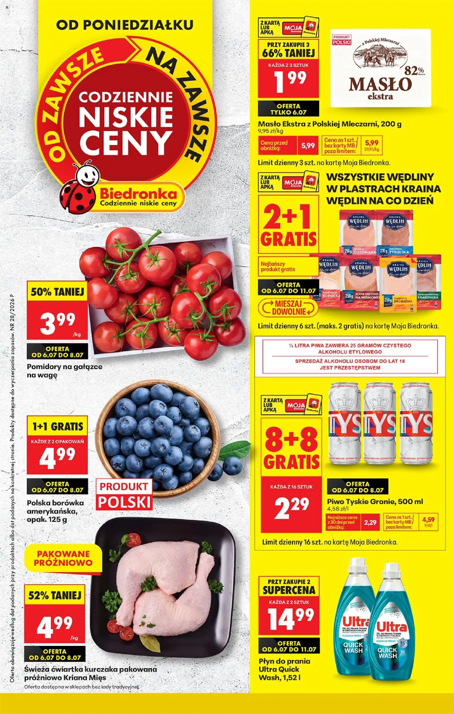 Biedronka gazetka od poniedziałku od 06.07.2026 | Strona: 1 | Produkty: Szynka, Tyskie, Piwo, Detergent