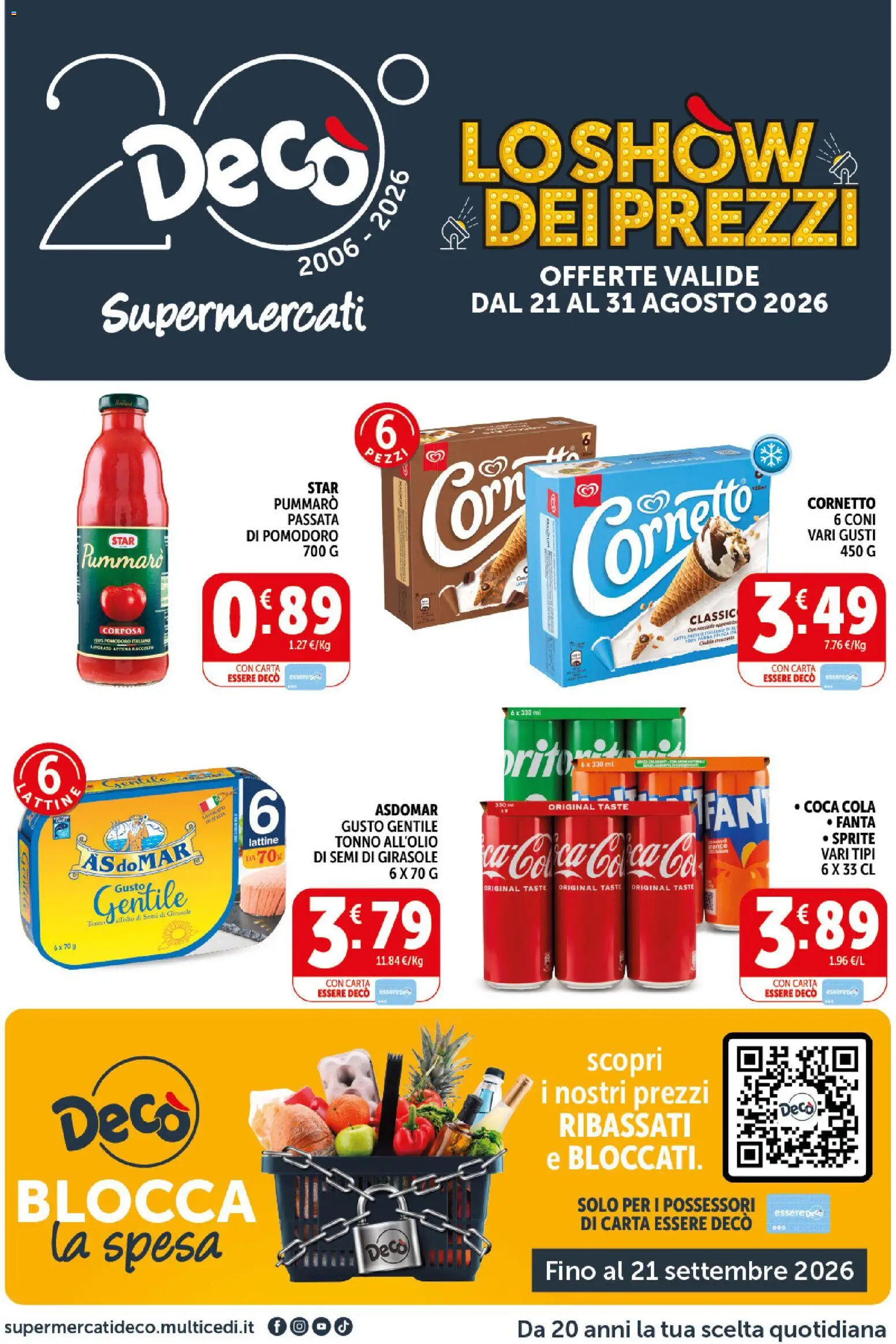 Volantino Decò del 21/08/2026 | Pagina: 1 | Prodotti: Tonno, Fanta, Sprite, Coca Cola