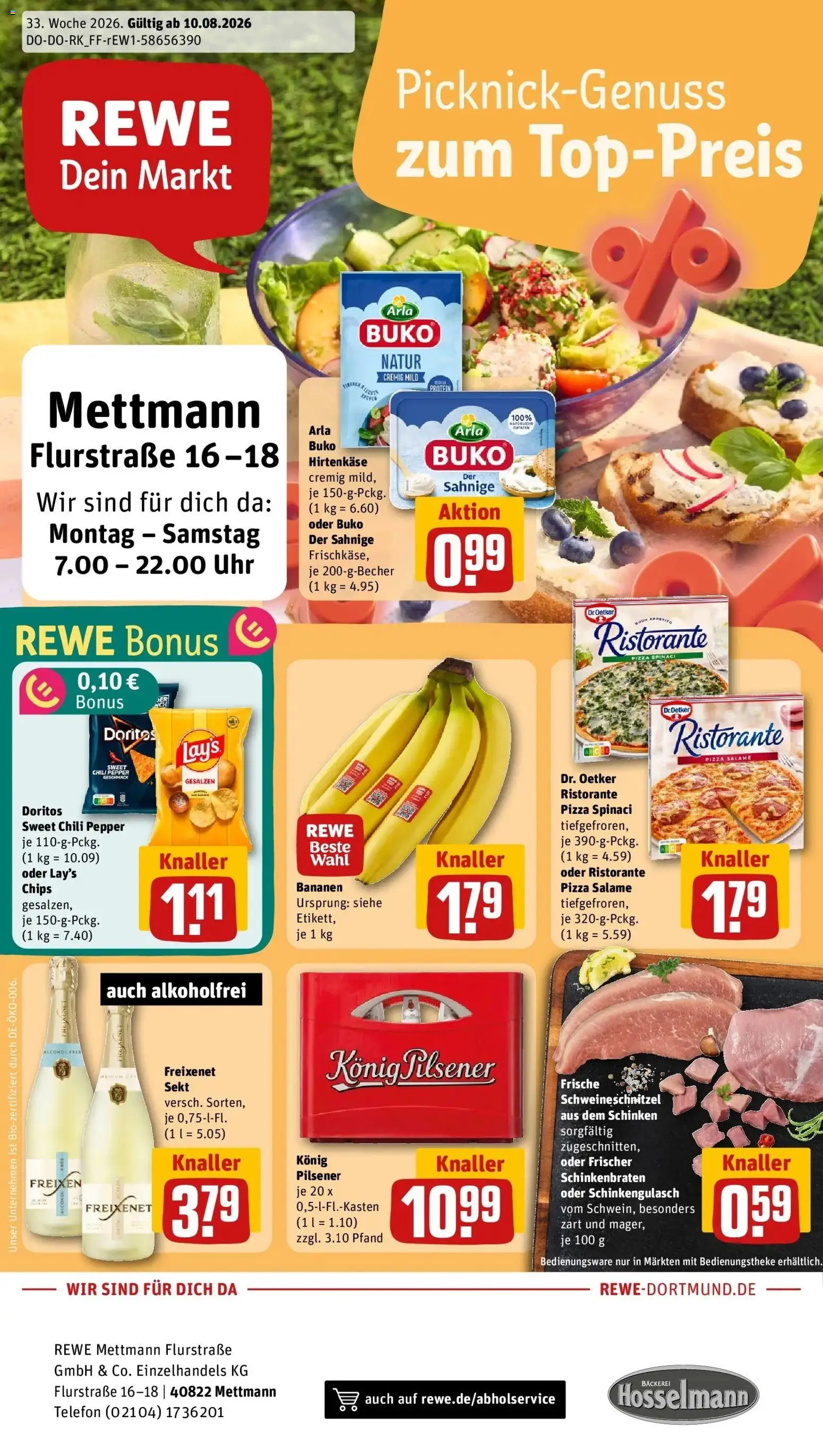 REWE Prospekt ab 10.08.2026 zum Blättern » Angebote | Seite: 1 | Produkte: Bäckerei, Arla buko, Schinken, Chips