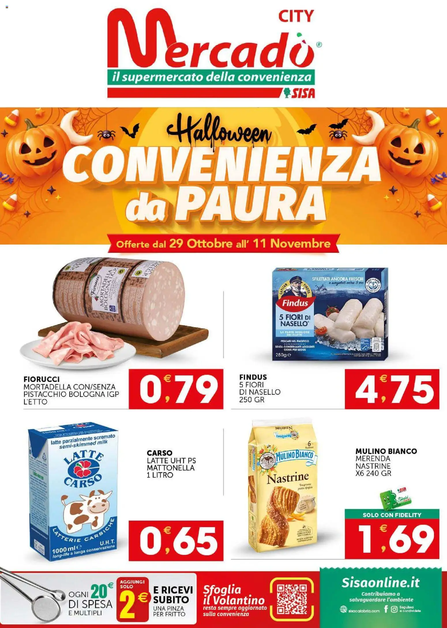Volantino SISA del 29/10/2026 | Pagina: 1 | Prodotti: Pistacchio, Mortadella, Fiori, Nasello