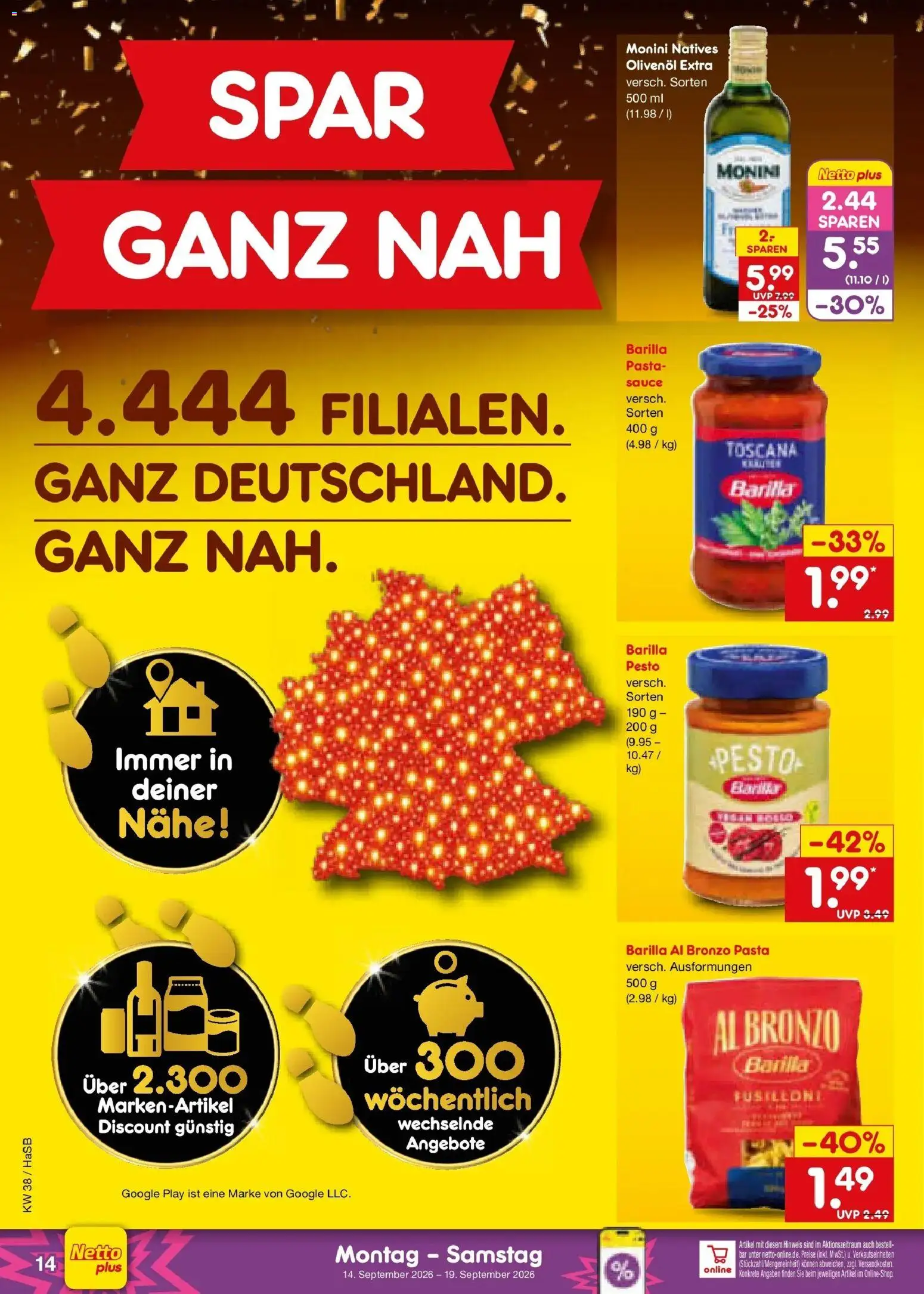 Netto Marken-Discount Prospekt Unna – gültig ab 14.09.2026 | Seite: 20 | Produkte: Barilla, Barilla pesto, Olivenol, Pasta