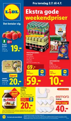 FERRERO Nutella, 350 g / stk. Pr. kg 57,14 Pris uden Lidl Plus 47,95 Maks. 2 stk. pr. kunde pr. dag. gyldig fra 28/06/2026 | Side: 40 | Produkter: Jordbær, Chips, Taco, Pepsi