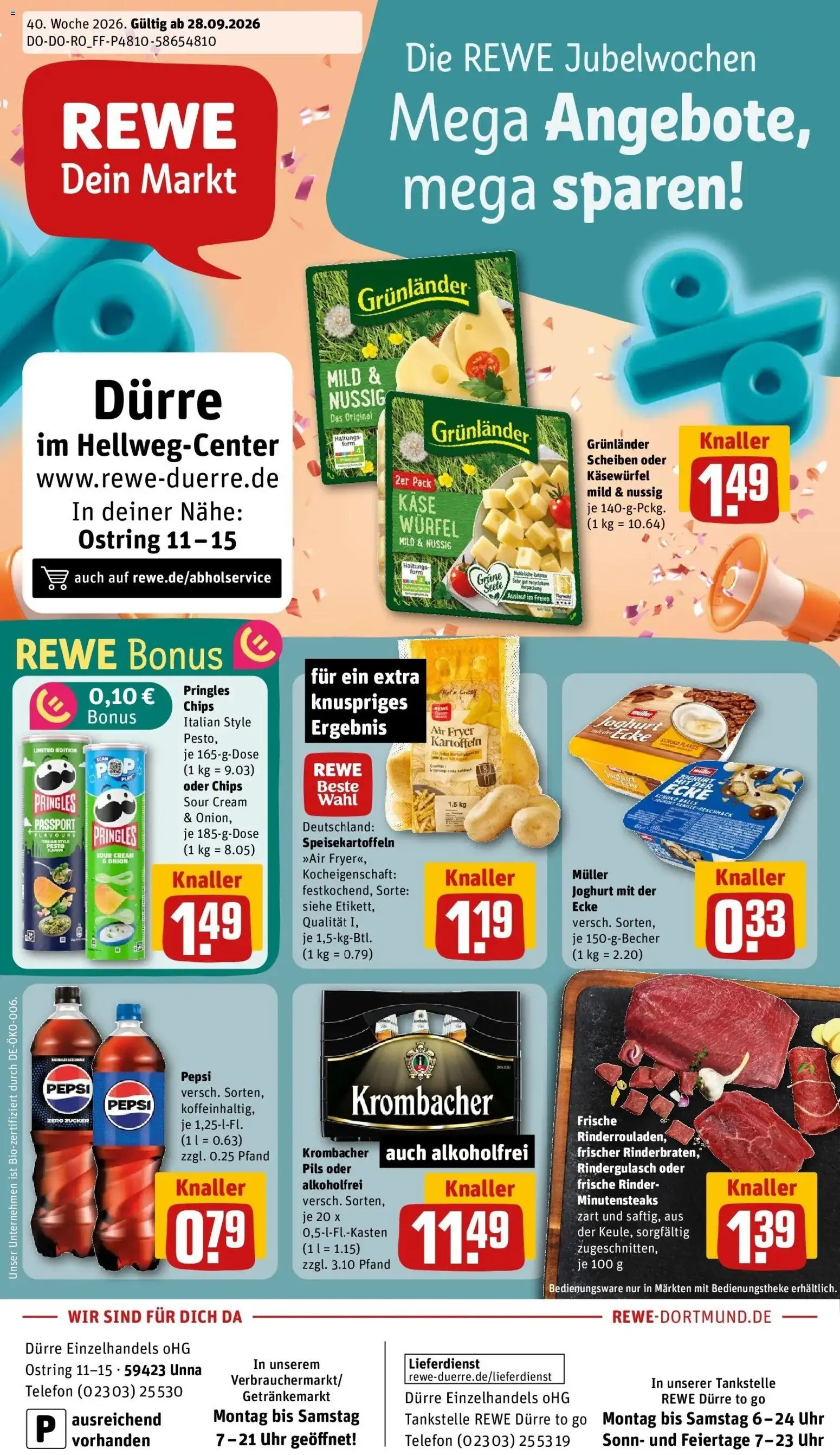 REWE Prospekt ab 28.09.2026 zum Blättern » Angebote | Seite: 1 | Produkte: Kartoffeln, Krombacher, Pepsi, Telefon