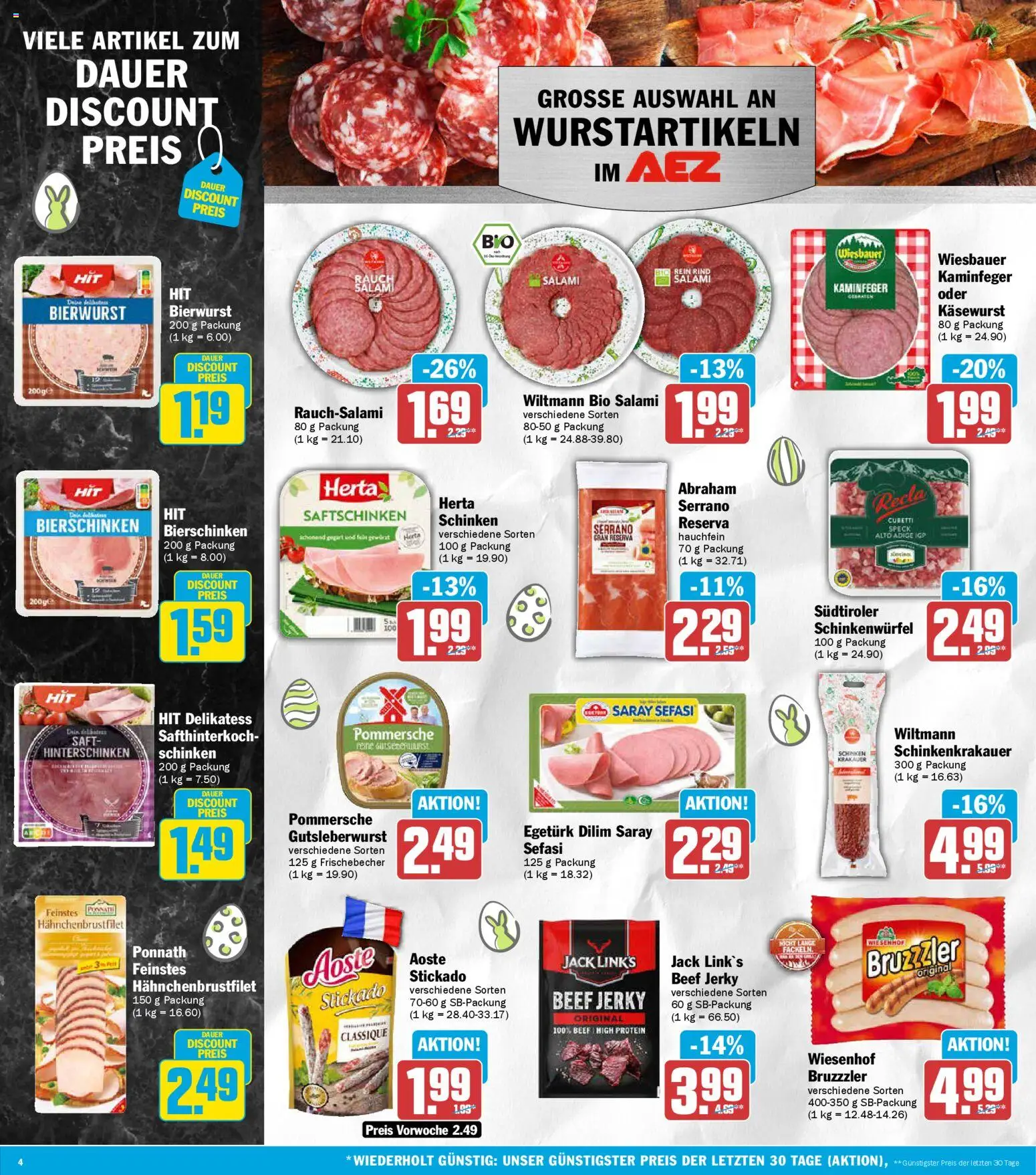 AEZ Prospekt 	 – gültig ab 30.03.2026 | Seite: 4 | Produkte: Salami, Schinken, Saft