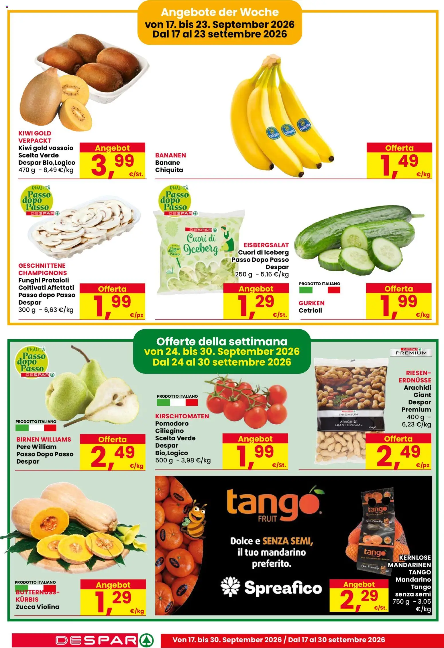 Volantino Despar del 17/09/2026 | Pagina: 4 | Prodotti: Banane, Cetrioli, Pomodoro, Vassoio