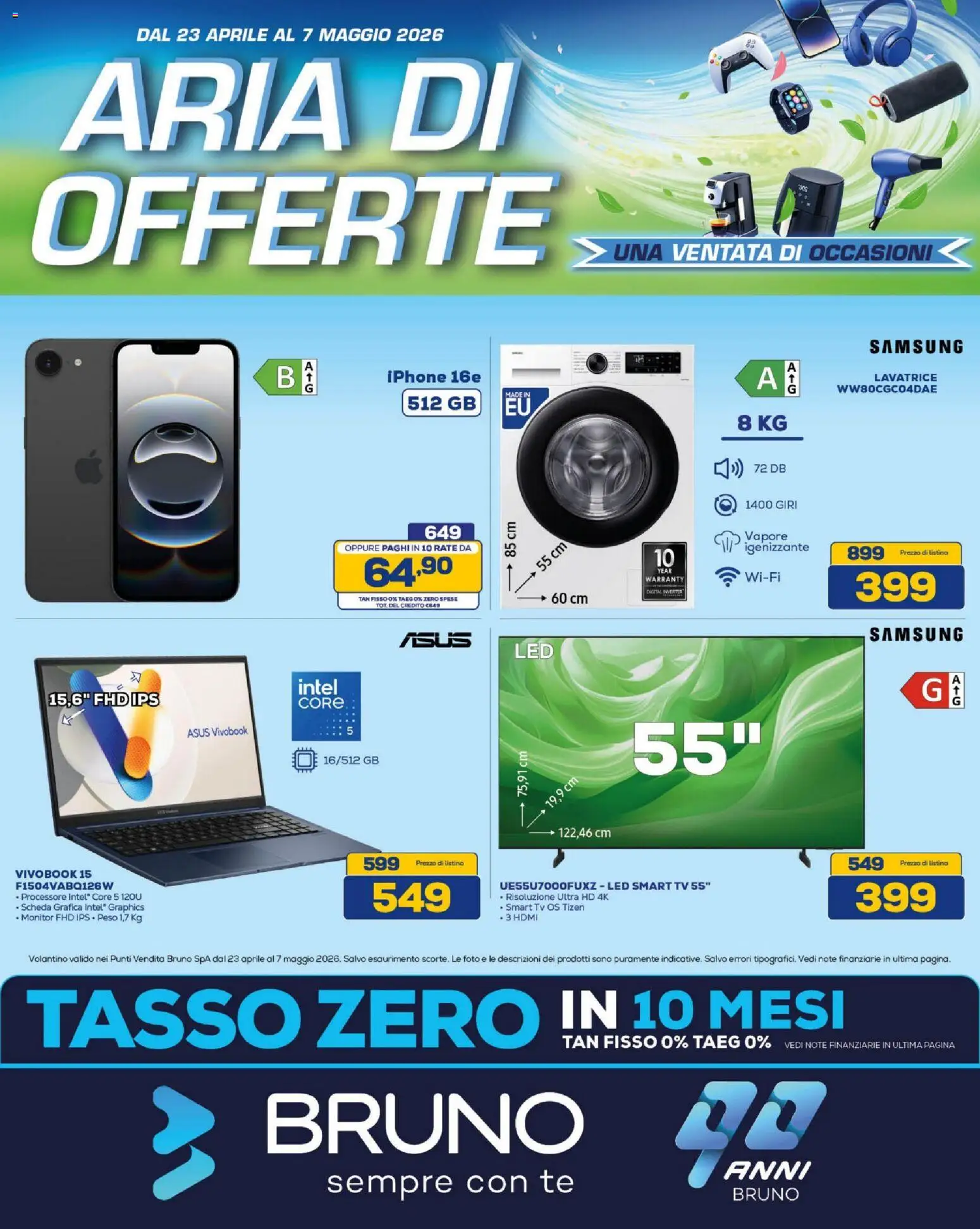 Volantino BRUNO del 23.04.2026 | Pagina: 1 | Prodotti: Iphone, smart TV, TV, Samsung