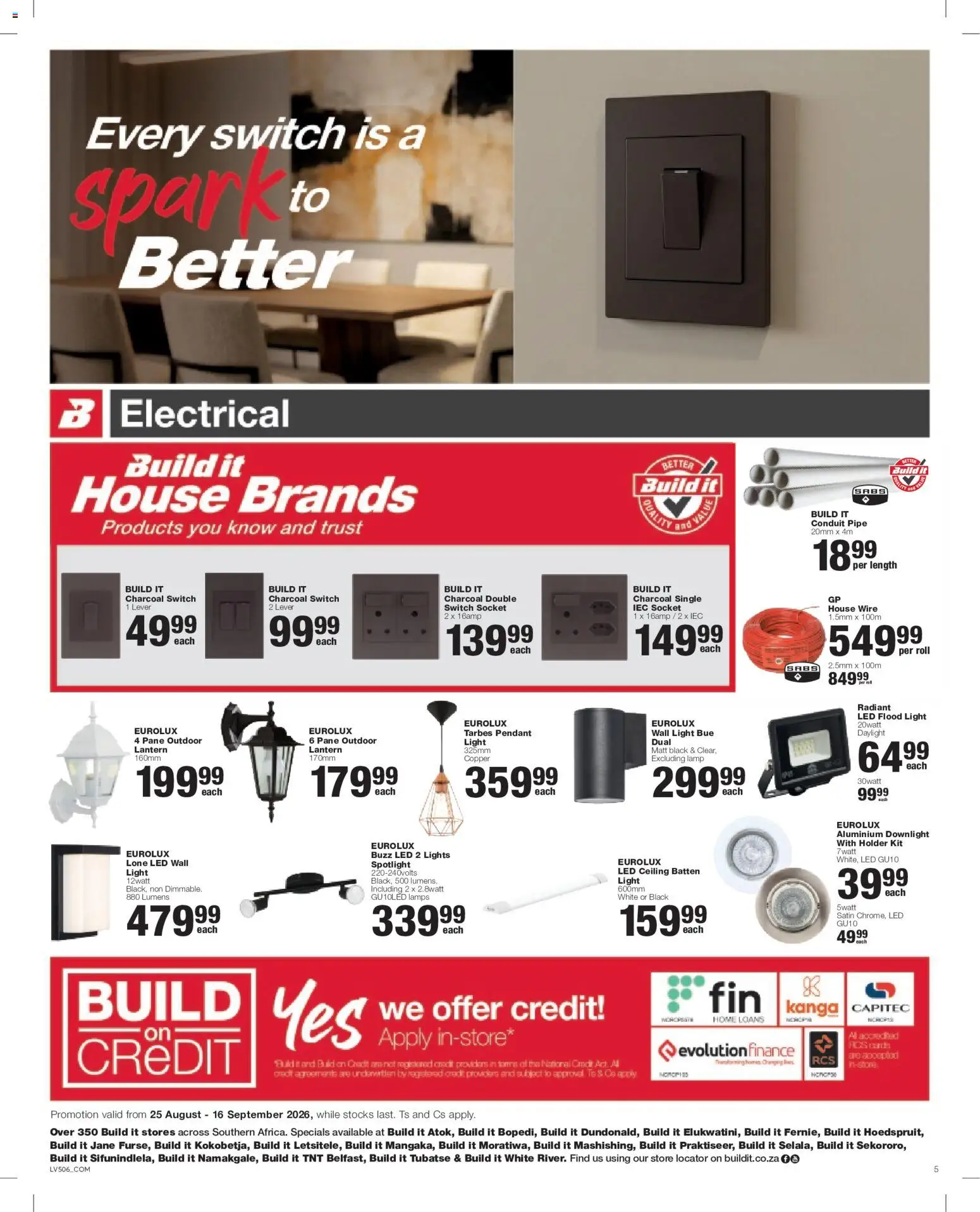 New Build It catalogue – valid from 25/08/2026 | Page: 5 | Products: Lantern, Socket, Switch, Pipe