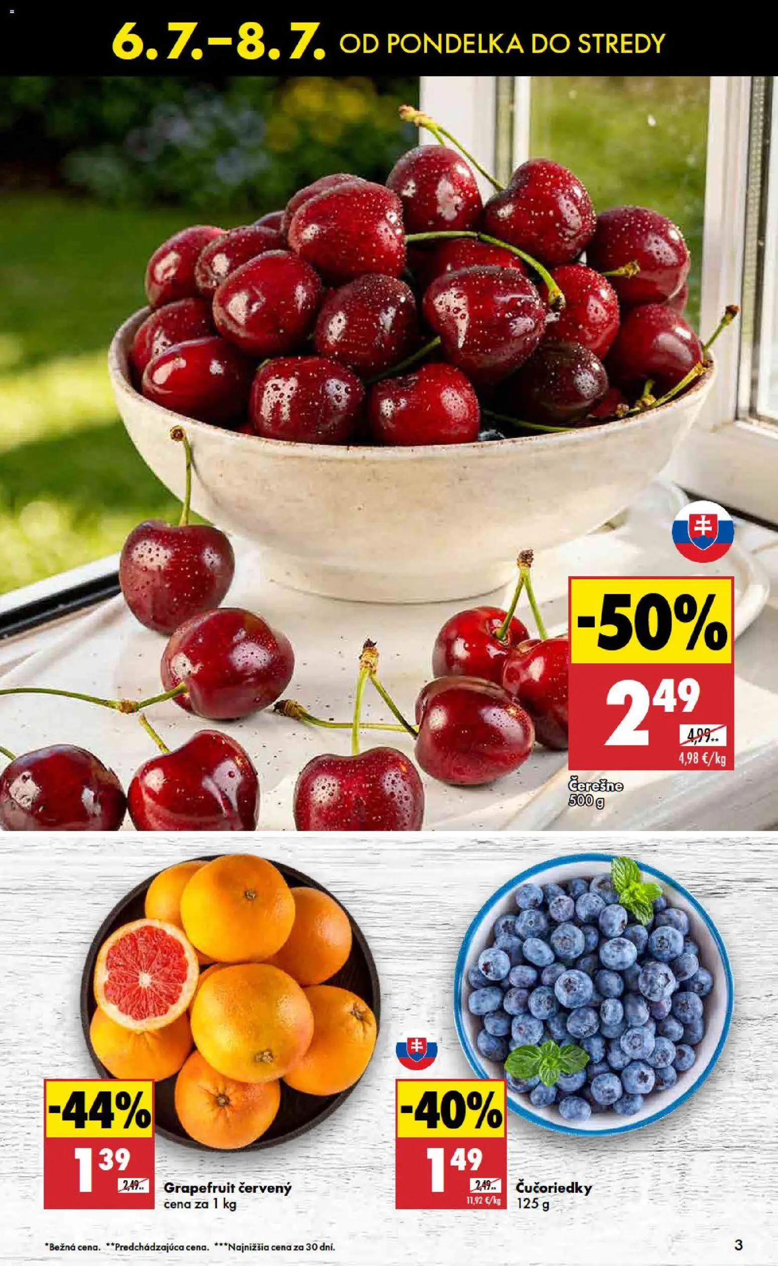 Nové Biedronka akcie – leták je platný od 06.07.2026 | Strana: 3 | Produkty: Čučoriedky, Grapefruit, Čerešne